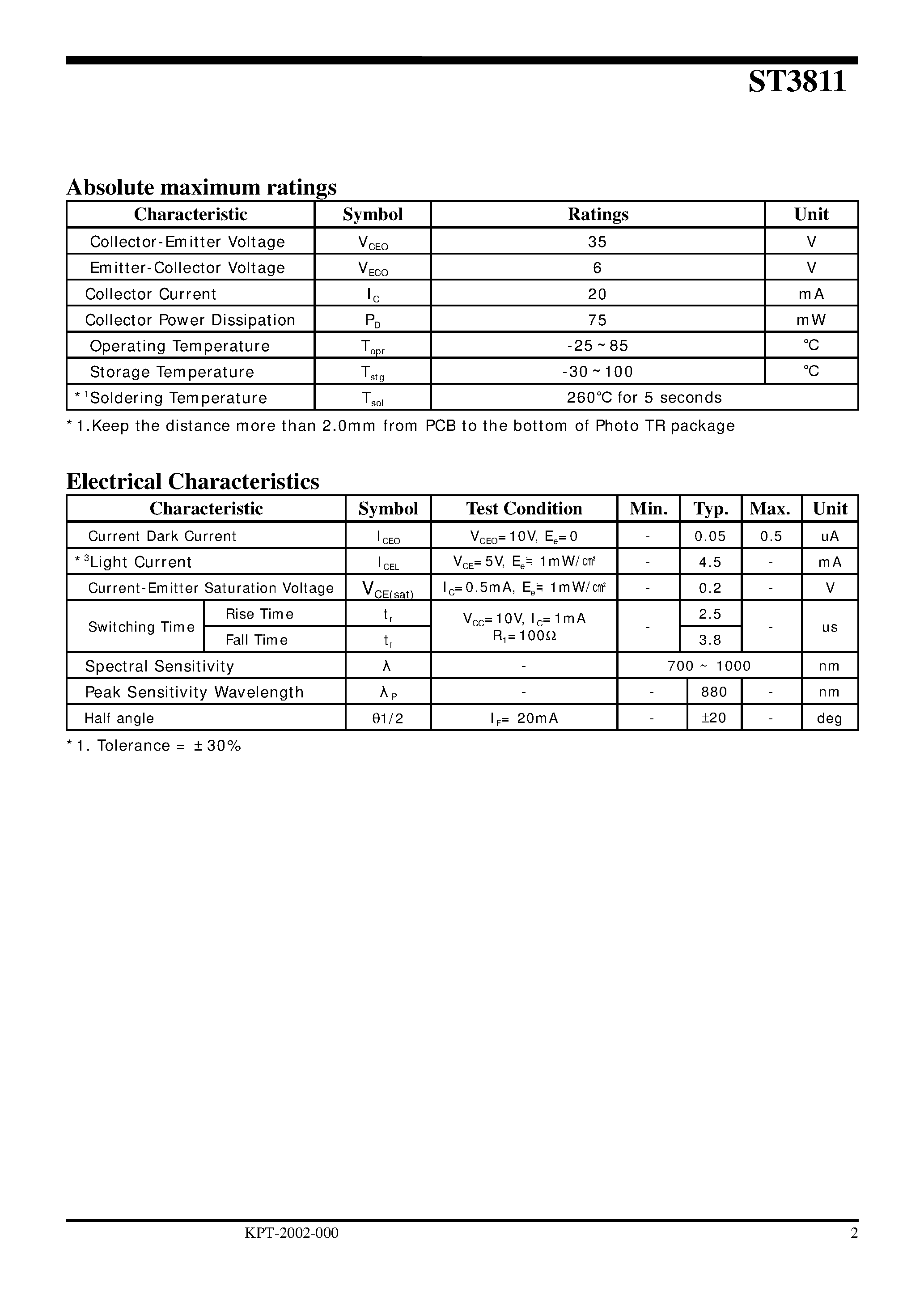Datasheet ST3811 page 2 Datasheet ST3811 - Photo Transistor page 2