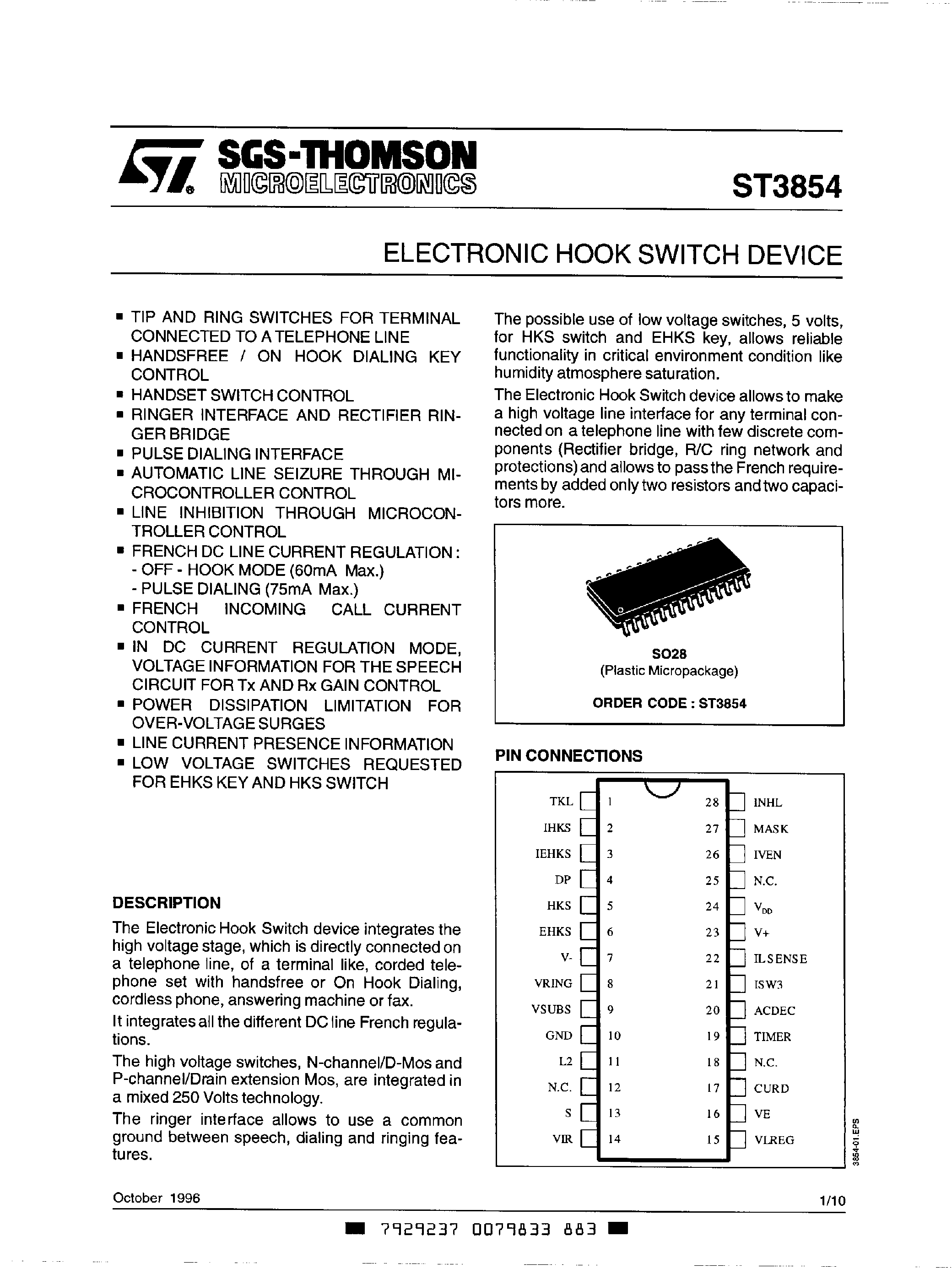 Datasheet ST3854 page 1 Datasheet ST3854 - ELECTRONIC HOOK SWITCH DEVICE page 1
