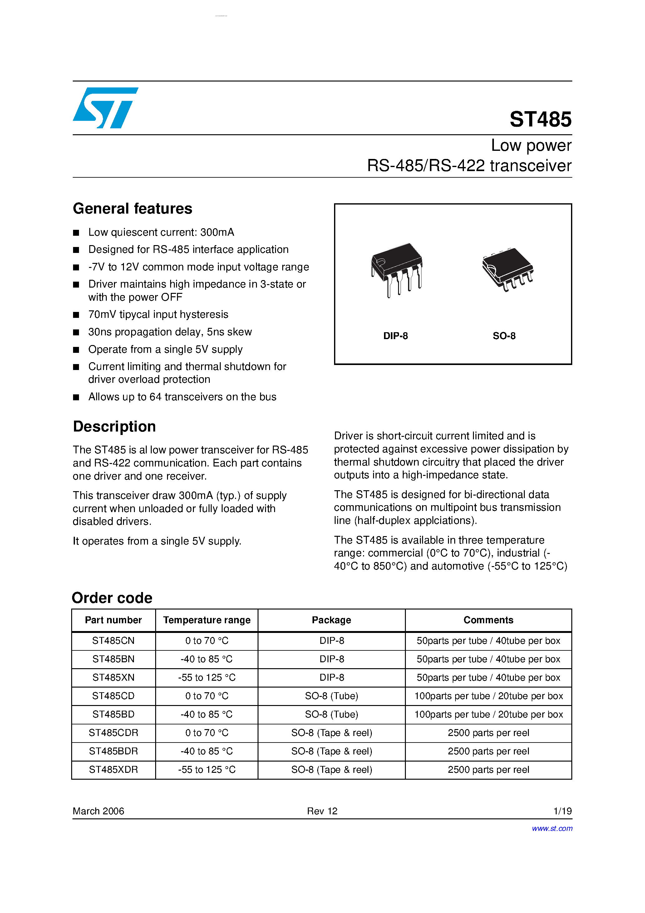 Datasheet ST485 - Low power RS-485/RS-422 transceiver page 1
