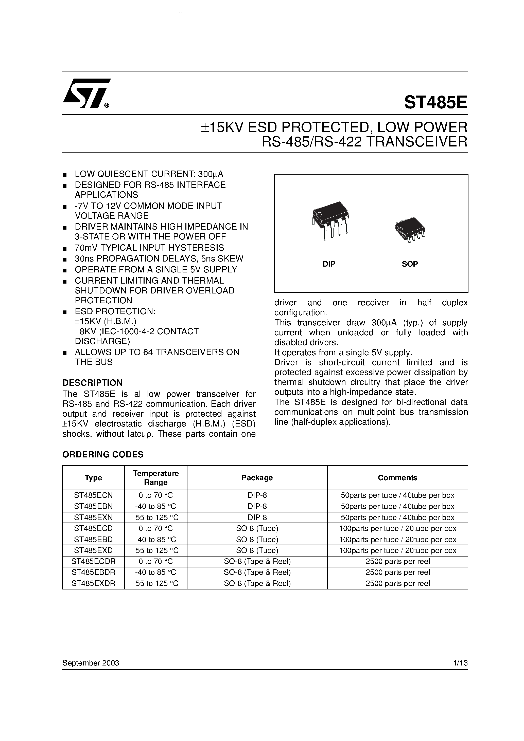 Datasheet ST485E - LOW POWER RS-485/RS-422 TRANSCEIVER page 1