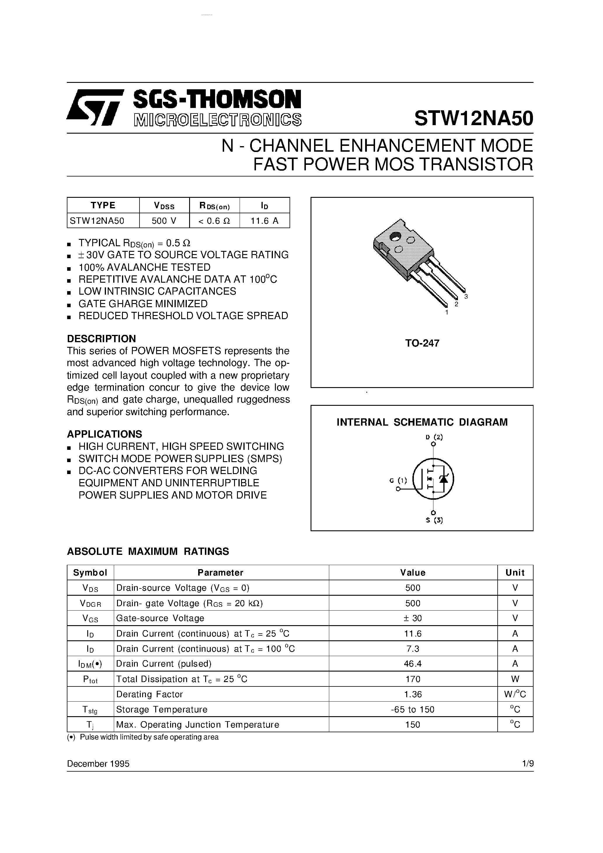 Datasheet STW12NA50 - N - CHANNEL ENHANCEMENT MODE FAST POWER MOS TRANSISTOR page 1