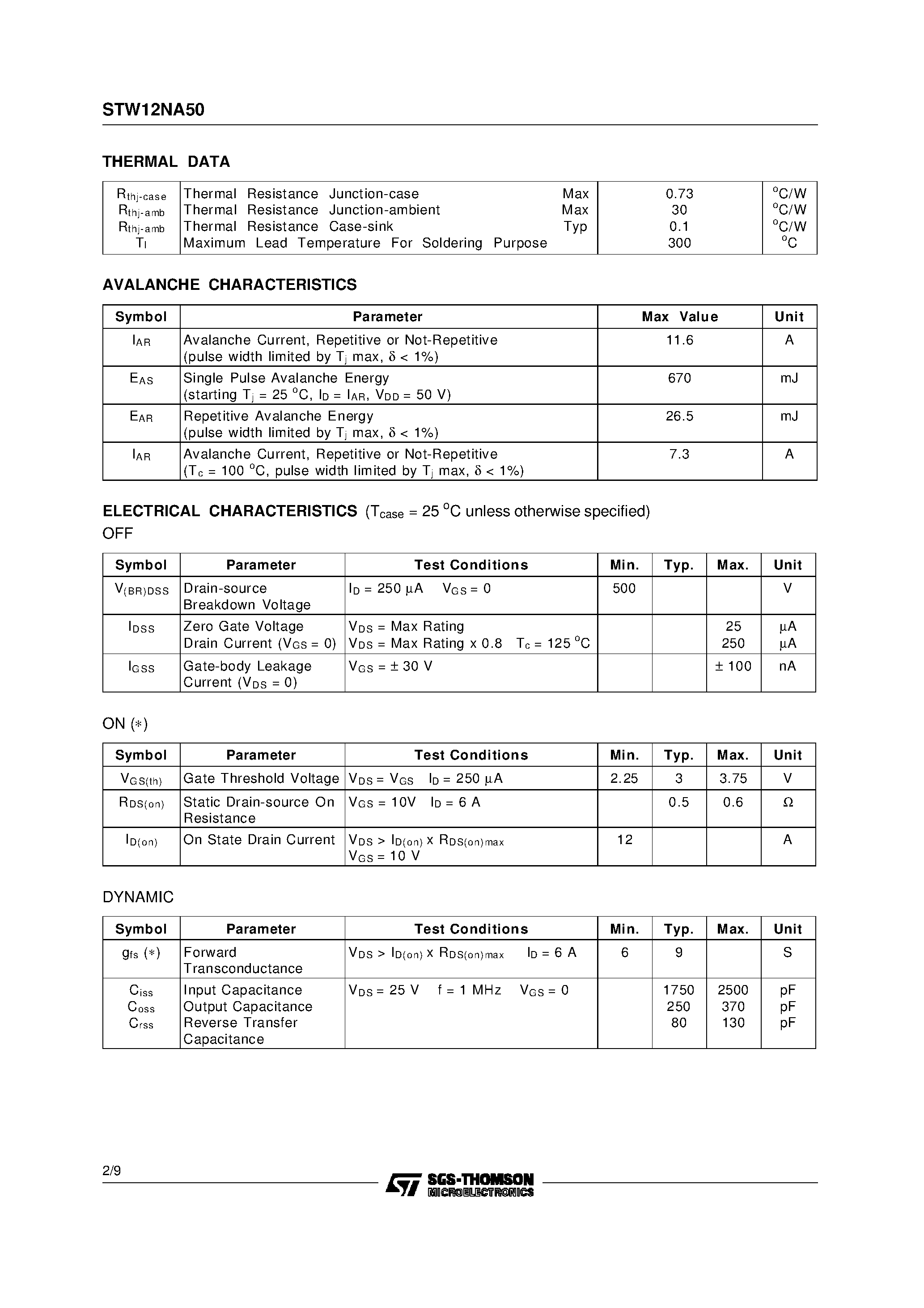 Datasheet STW12NA50 - N - CHANNEL ENHANCEMENT MODE FAST POWER MOS TRANSISTOR page 2