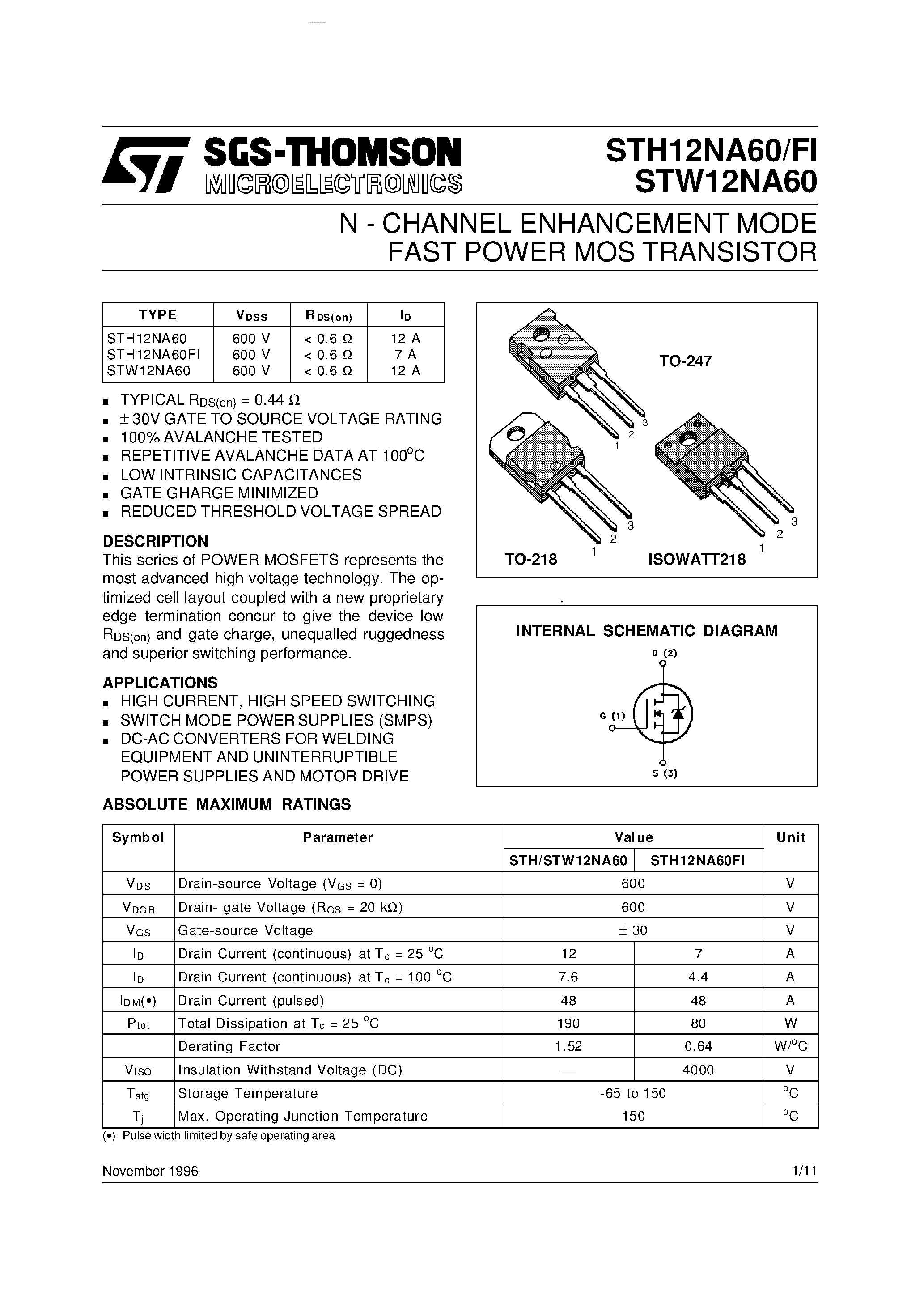 Datasheet STW12NA60 - N - CHANNEL ENHANCEMENT MODE FAST POWER MOS TRANSISTOR page 1