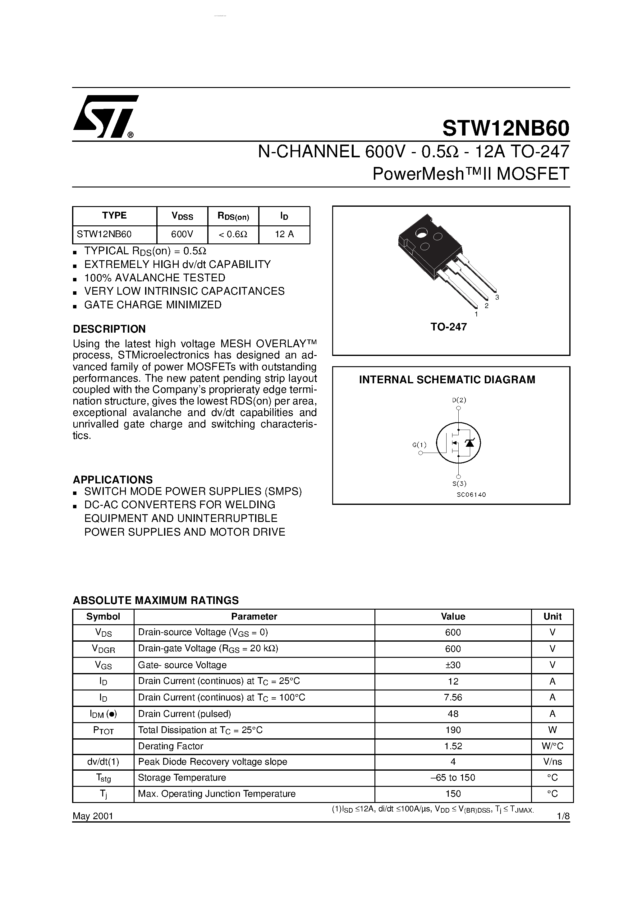 Datasheet STW12NB60 page 1 Datasheet STW12NB60 - N-CHANNEL MOSFET page 1