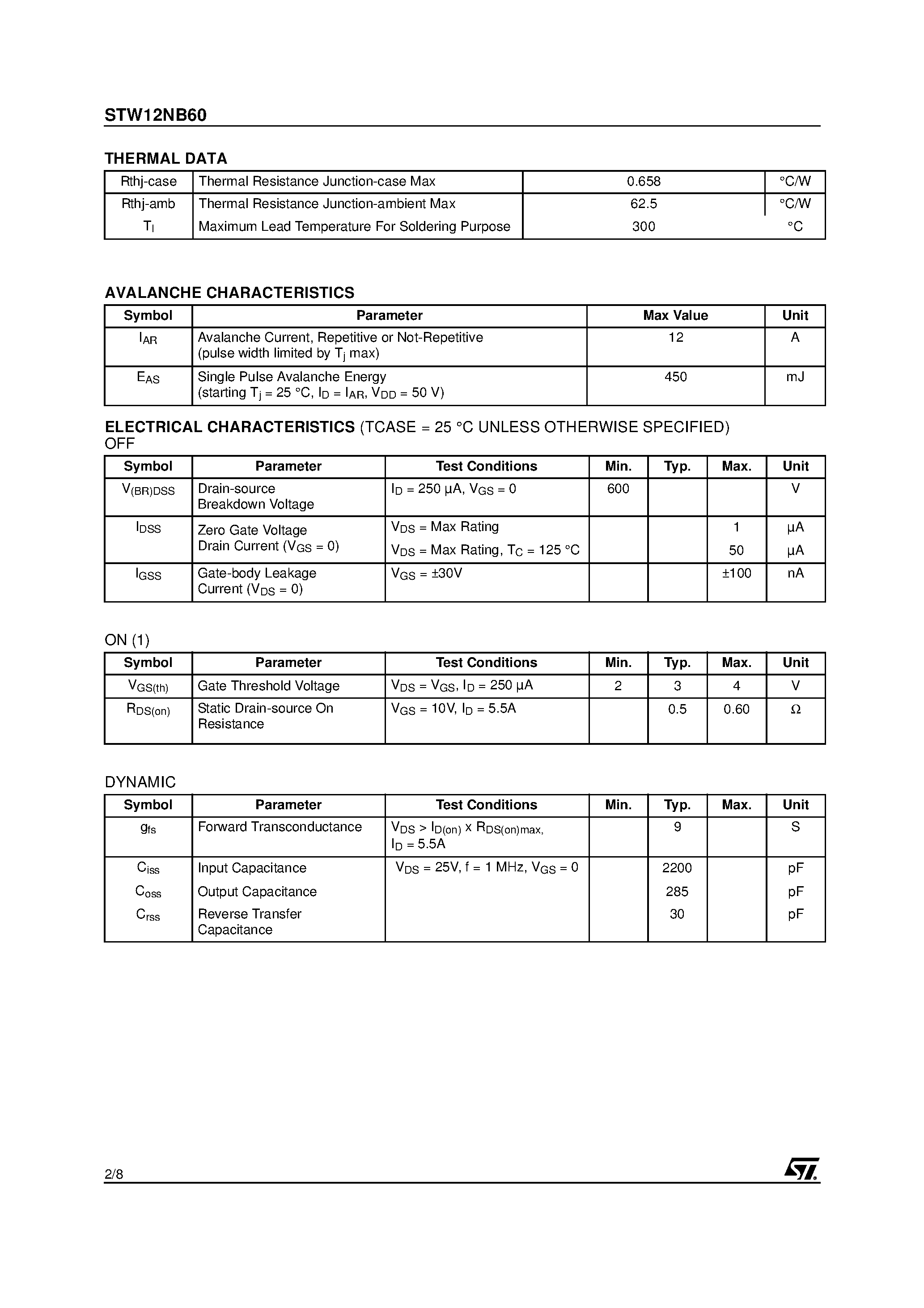 Datasheet STW12NB60 page 2 Datasheet STW12NB60 - N-CHANNEL MOSFET page 2