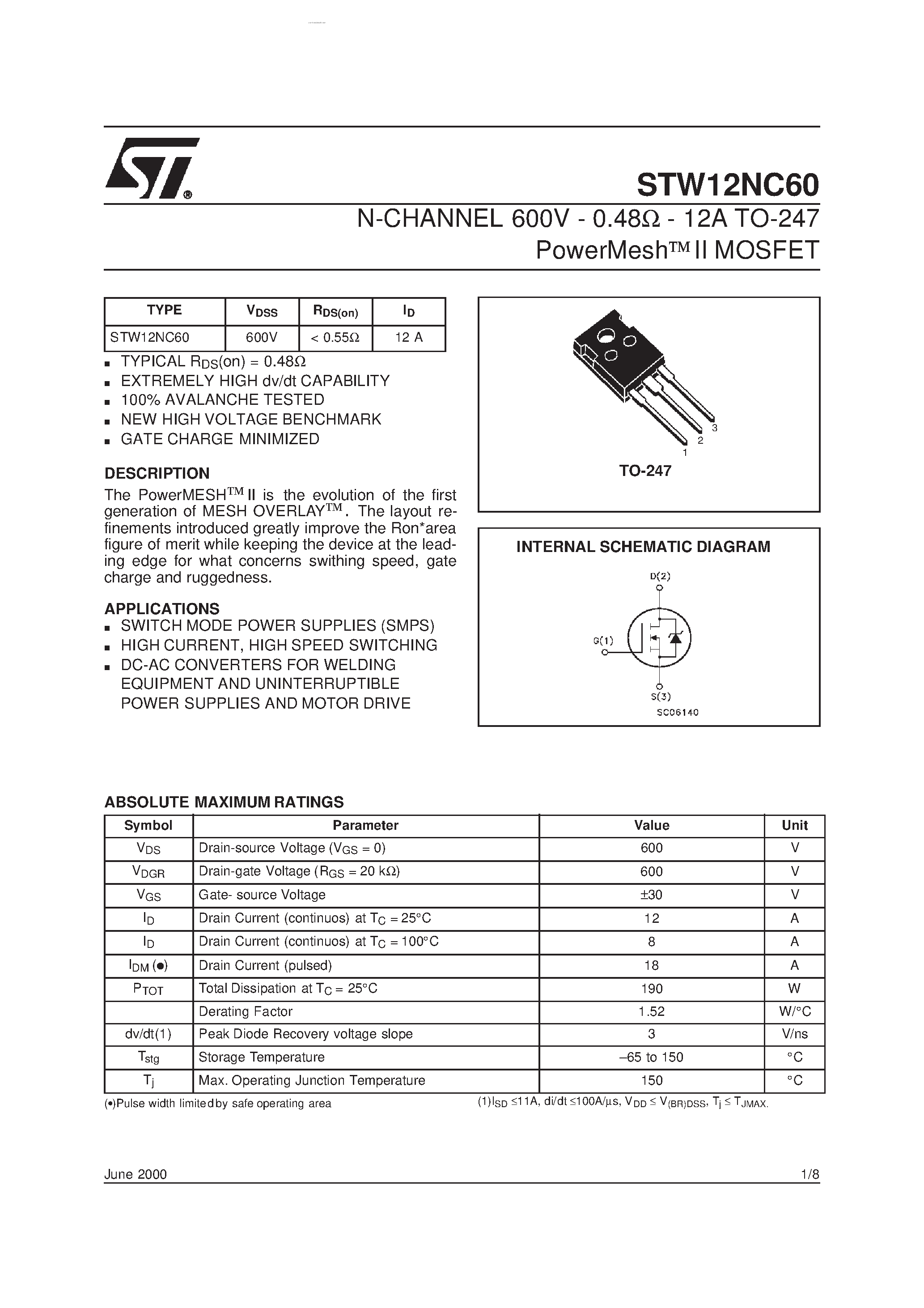Datasheet STW12NC60 - N-CHANNEL MOSFET page 1