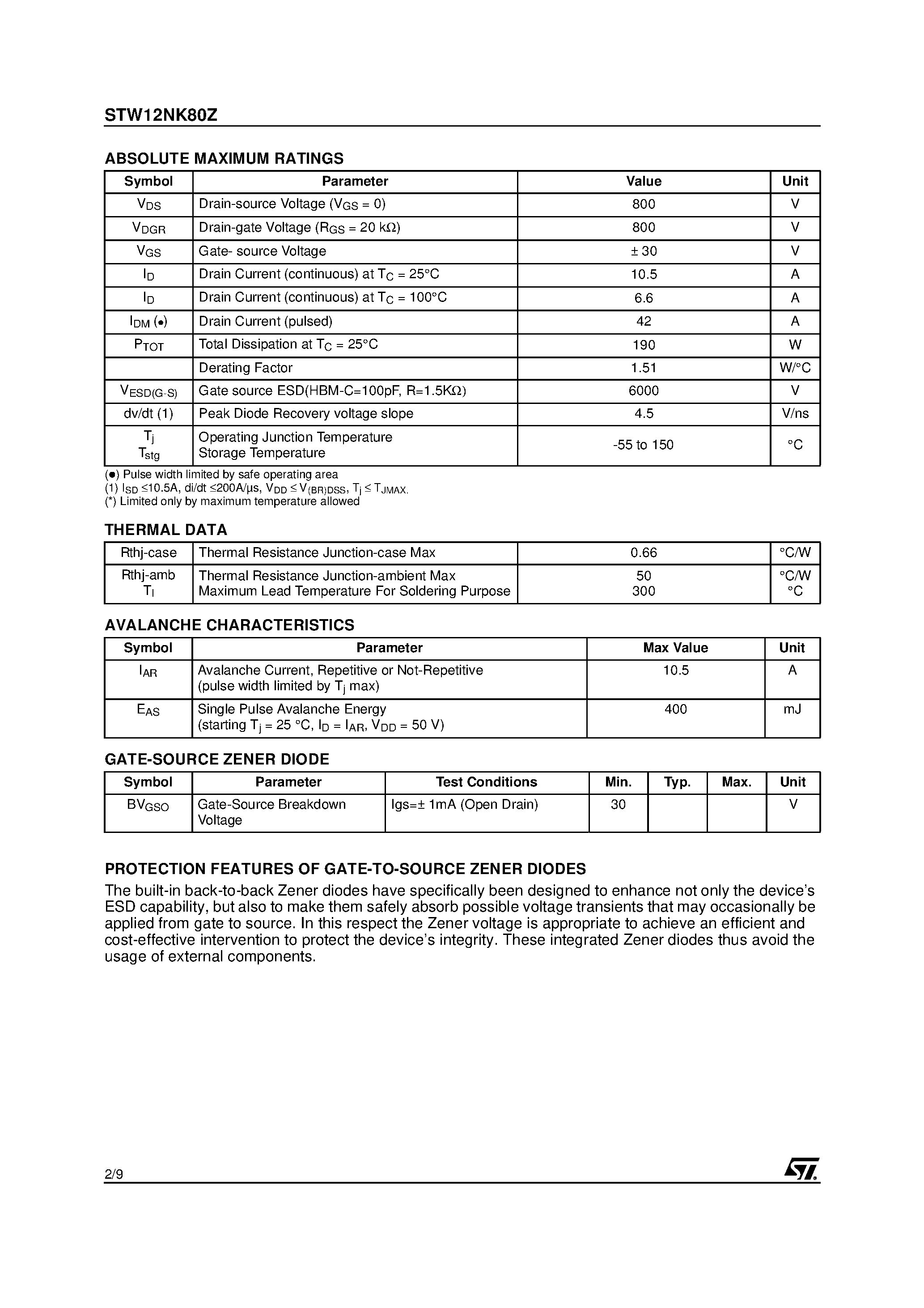 Datasheet STW12NK80Z - N-CHANNEL MOSFET page 2