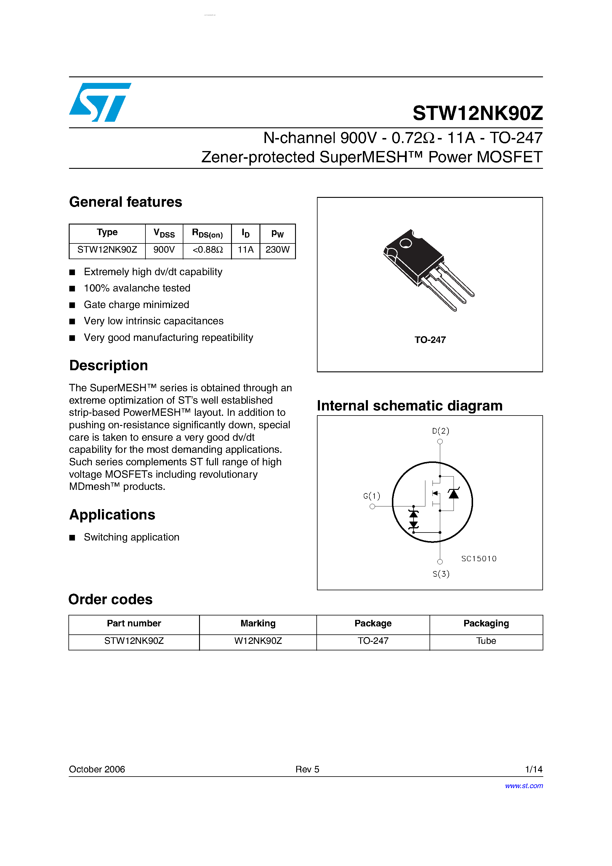 Datasheet STW12NK90Z - N-CHANNEL Power MOSFET page 1