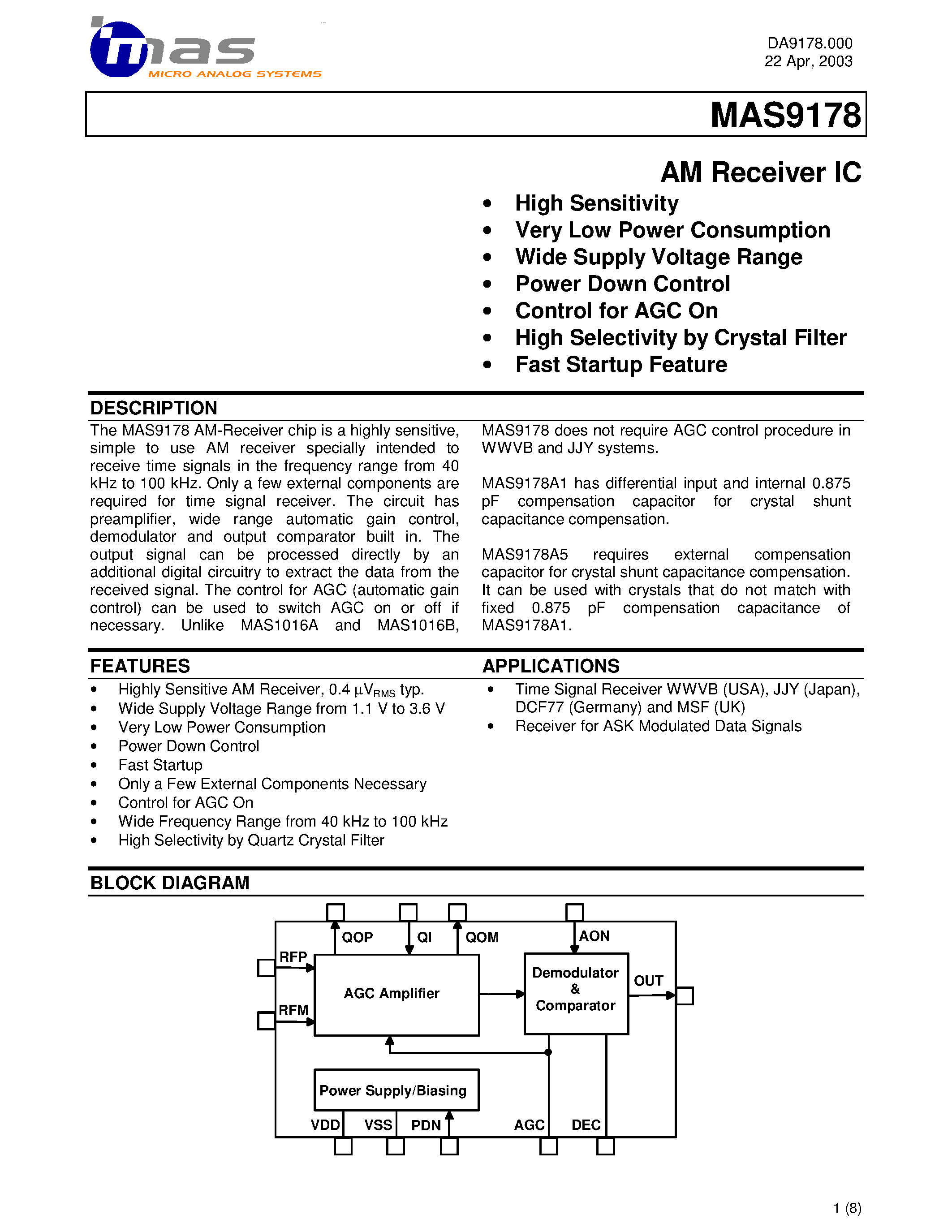 Даташит на микросхему MAS9178 страница 1 Даташит MAS9178 - Stand-alone am Receiver ic страница 1