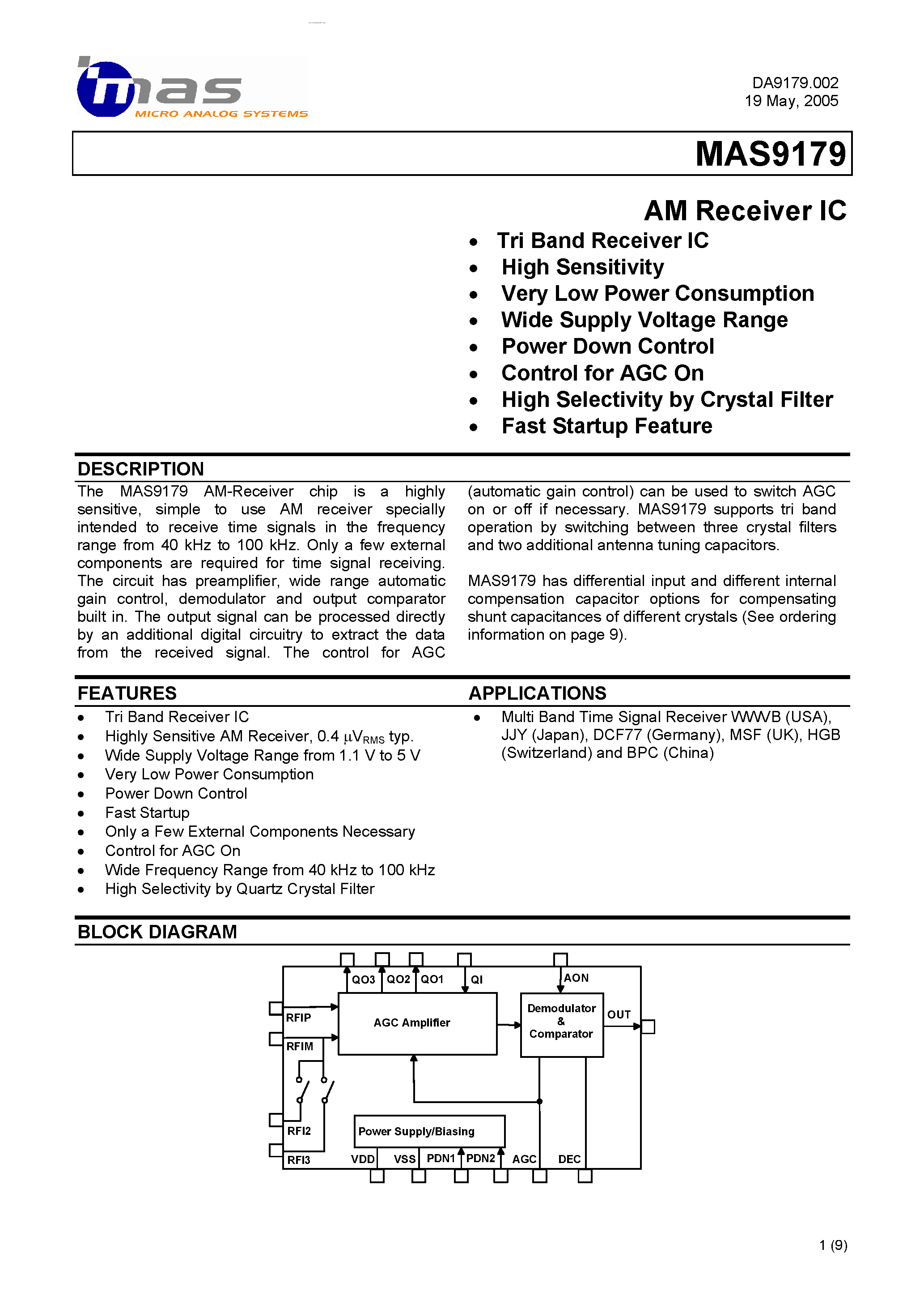 Даташит на микросхему MAS9179 страница 1 Даташит MAS9179 - Stand-alone Tri Band Time Signal AM Receiver IC страница 1