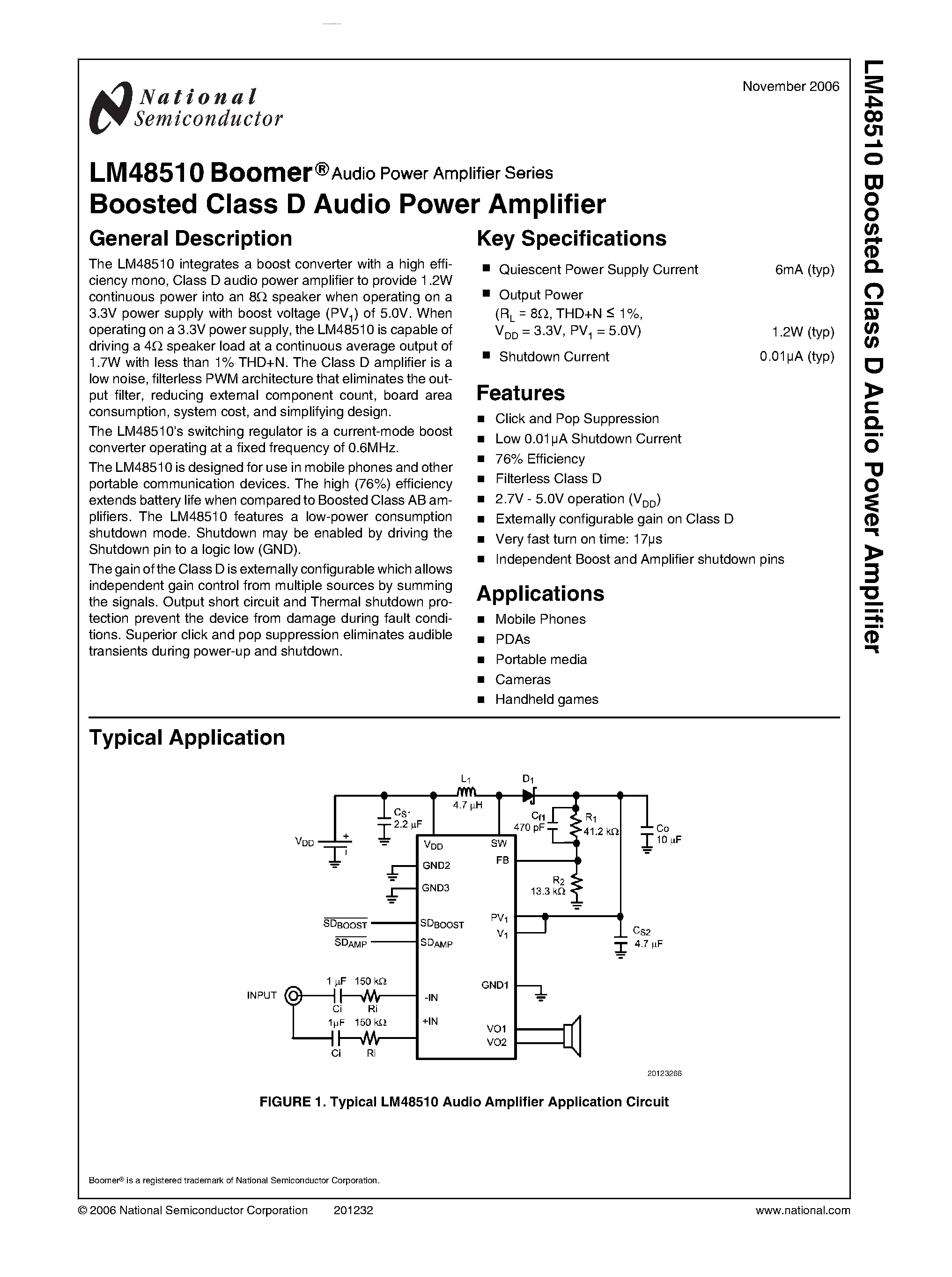 Datasheet LM48510 - boosted class D audio power amplifier page 1