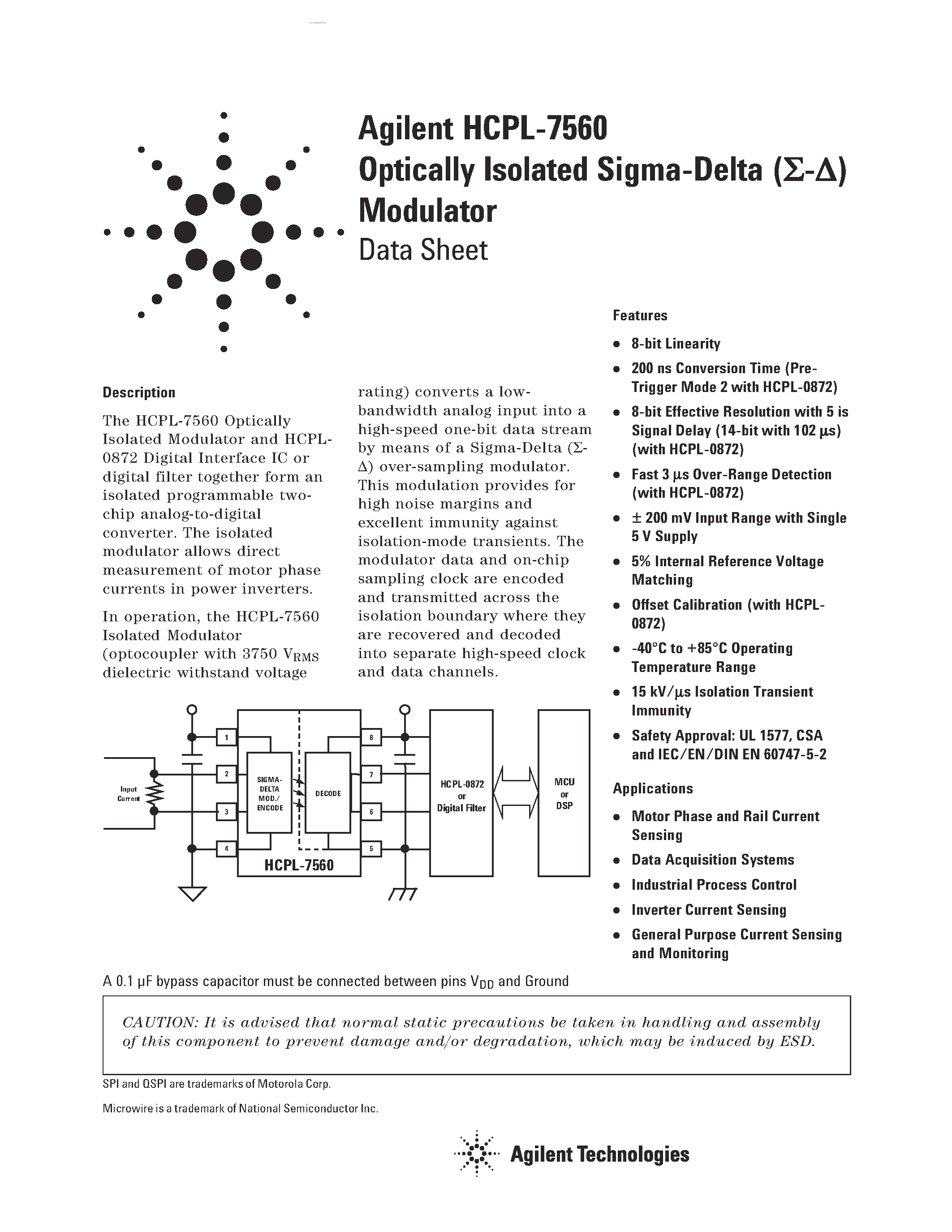 Даташит HCPL-7560 - Optically Isolated Sigma-Delta Modulator страница 1
