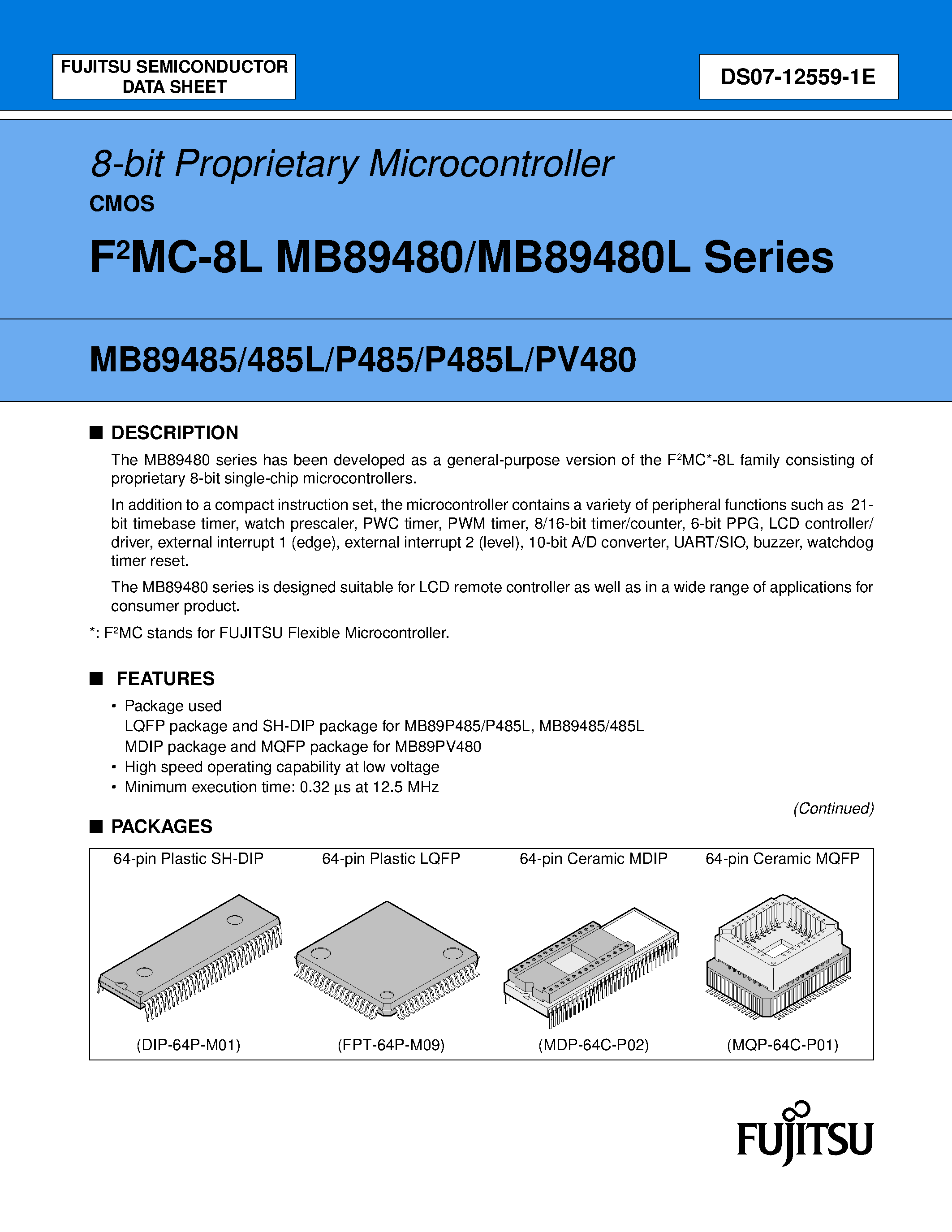 Datasheet MB89480 - (MB89480 Series) 8-bit Proprietary Microcontroller page 1