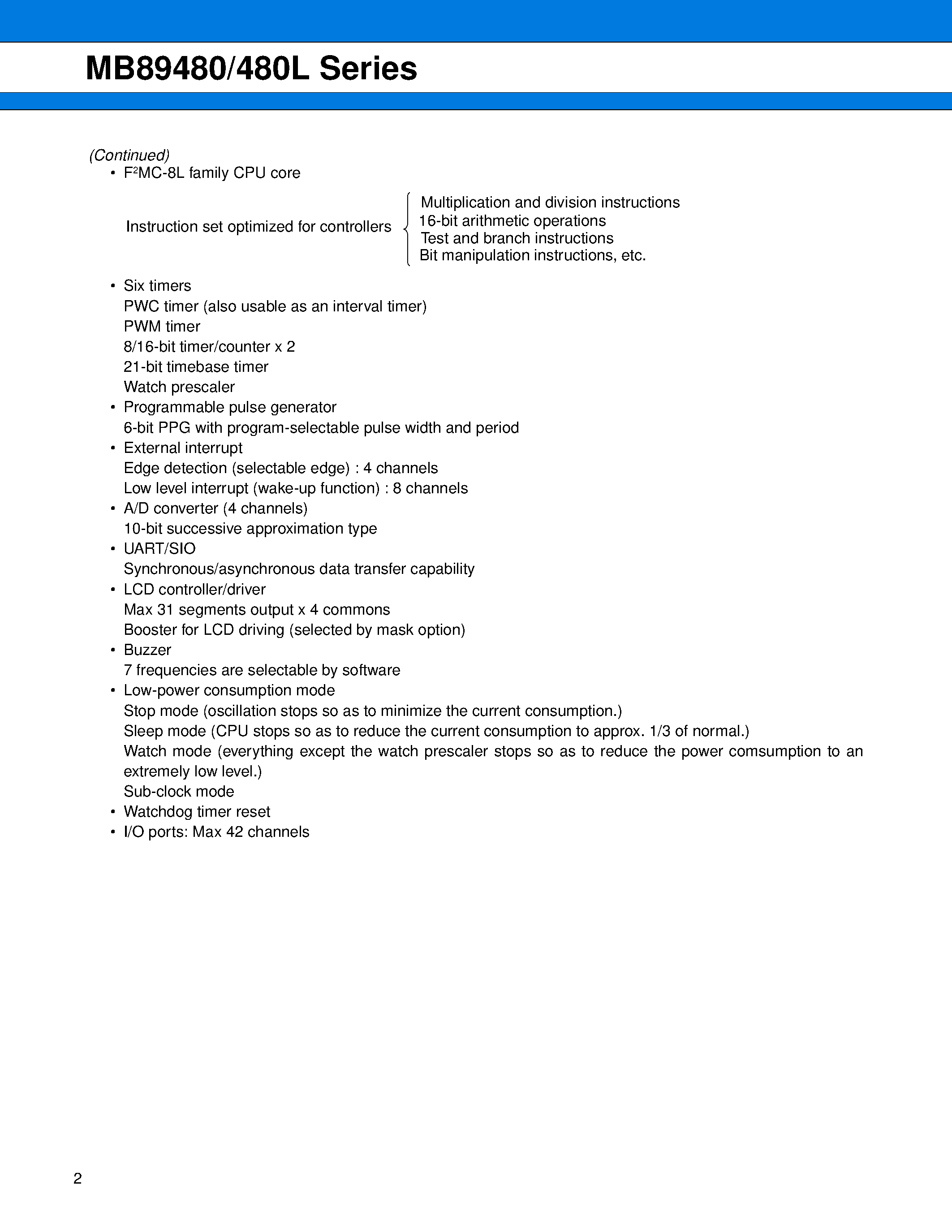 Datasheet MB89480 - (MB89480 Series) 8-bit Proprietary Microcontroller page 2