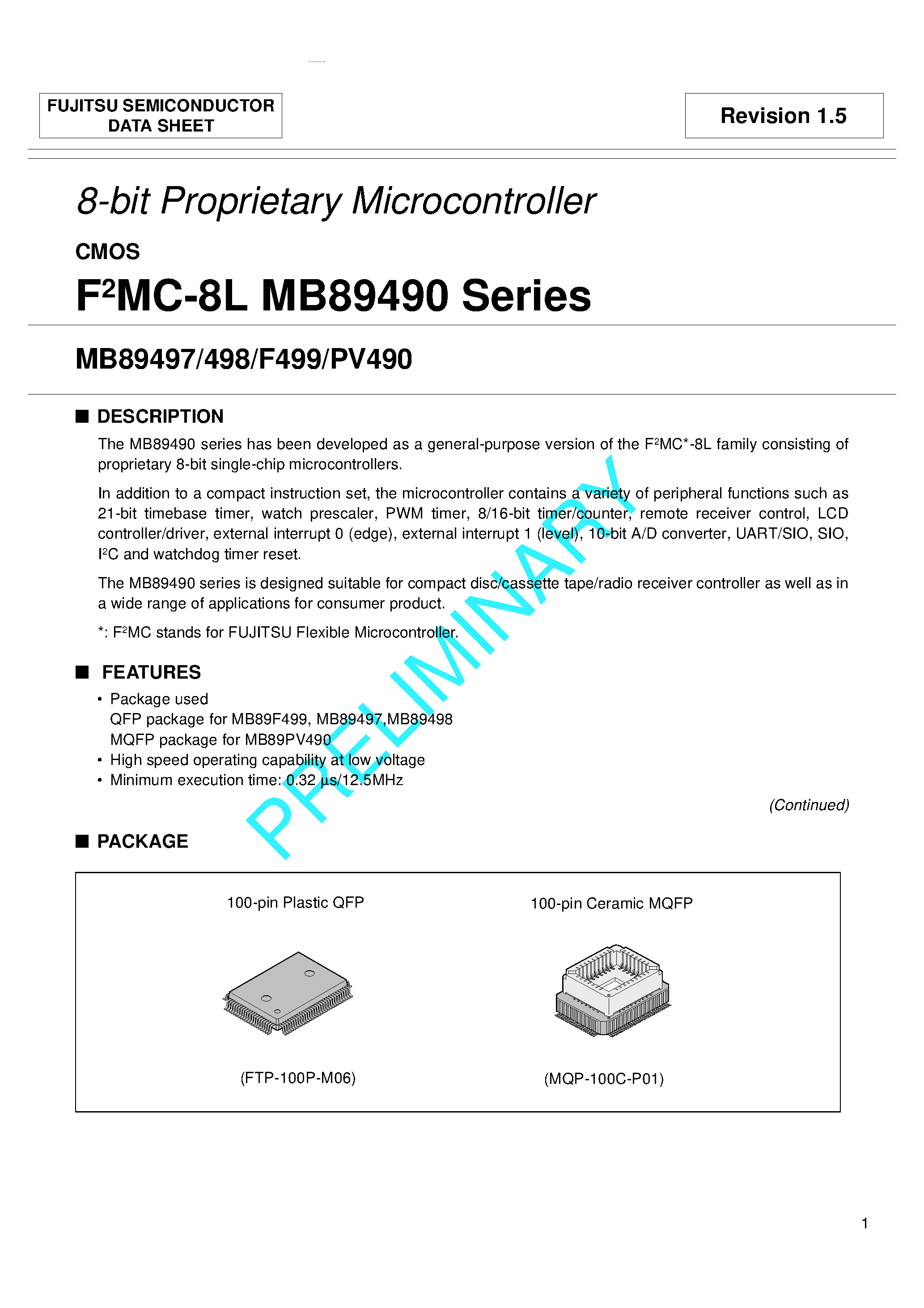 Datasheet MB89490 - (MB89490 Series) 8-bit Proprietary Microcontroller page 1