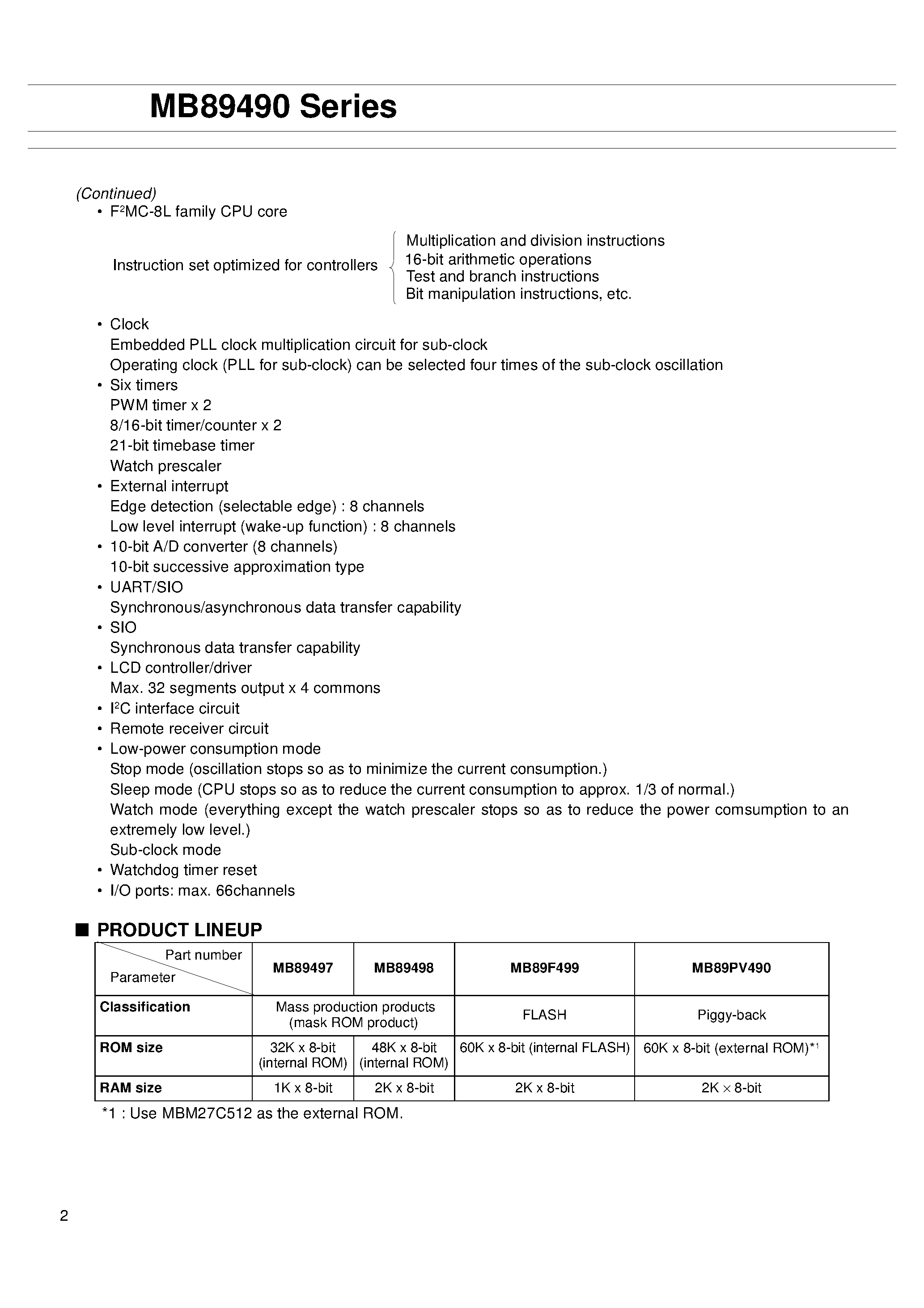 Datasheet MB89490 - (MB89490 Series) 8-bit Proprietary Microcontroller page 2