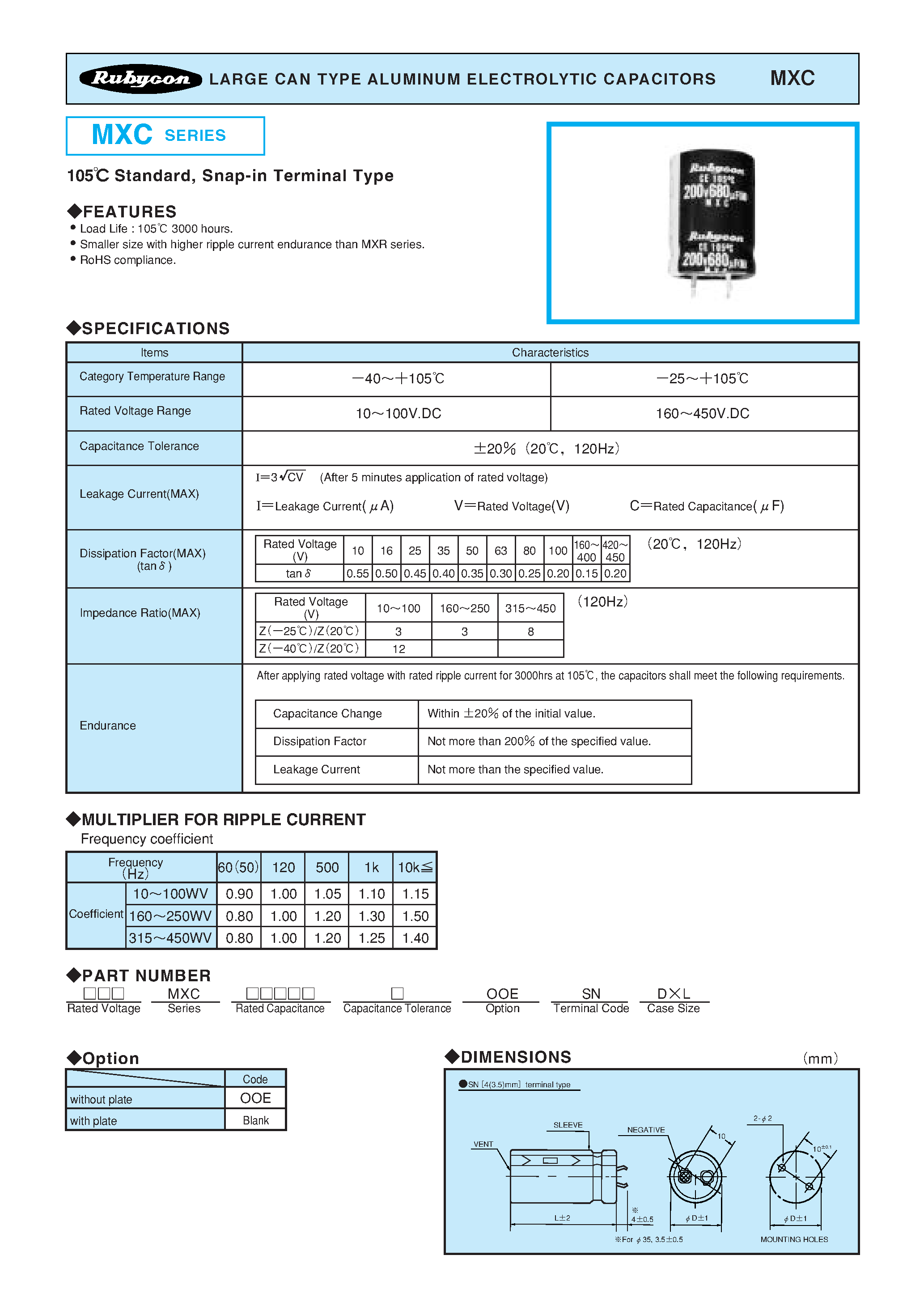 Datasheet MXC - LARGE CAN TYPE ALUMINUM ELECTROLYTIC CAPACITORS page 1