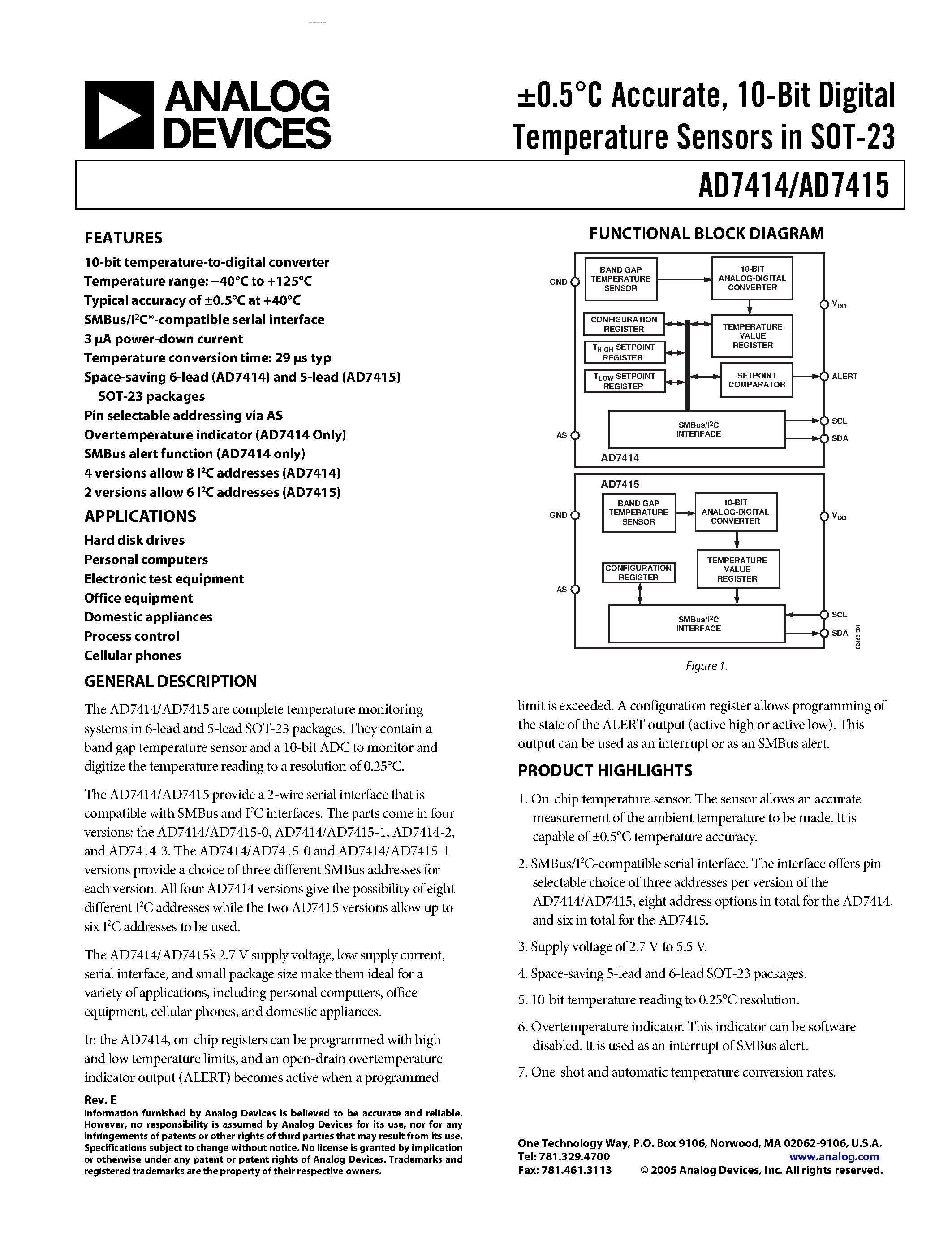 Datasheet AD7414 - (AD7414 / AD7415) 10-Bit Digital Temperature Sensors page 1