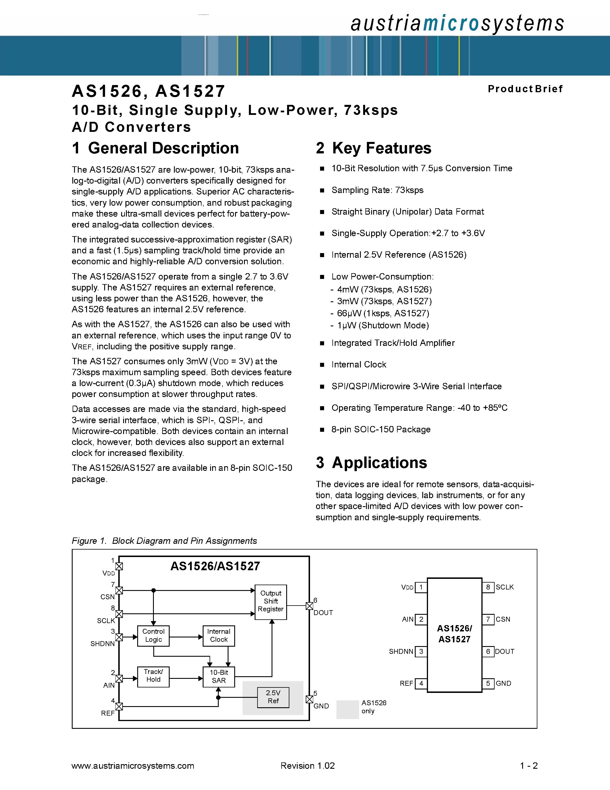 Даташит AS1526 - (AS1526 / AS1527) A/D Converters страница 1