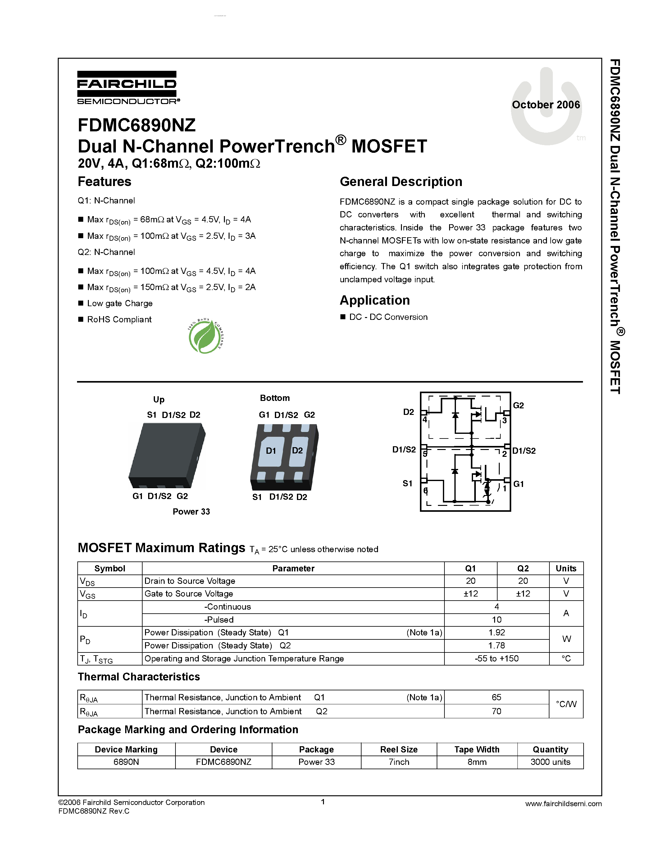 Datasheet FDMC6890NZ - Dual N-Channel PowerTrench MOSFET page 1