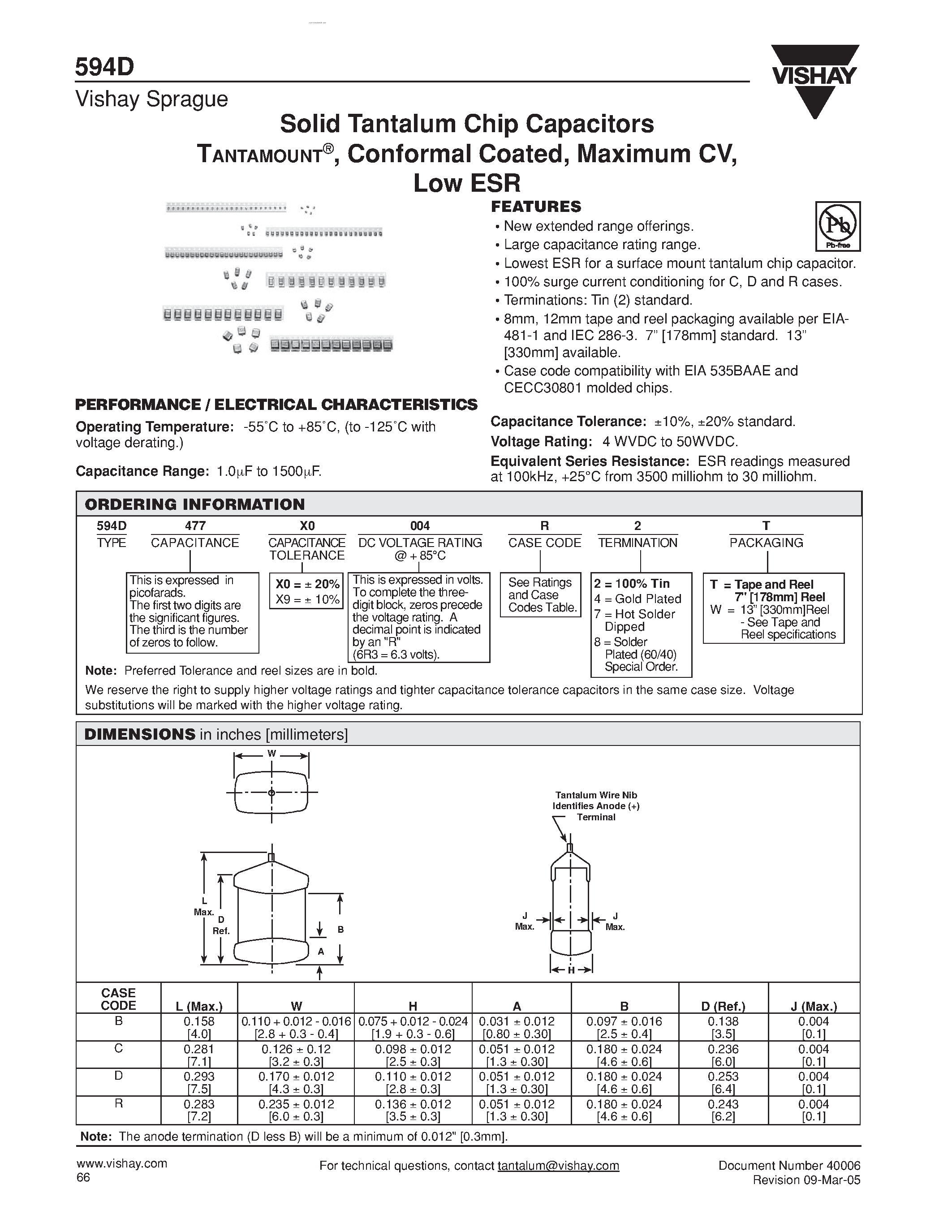 Datasheet 594D page 1 Datasheet 594D - Solid Tantalum Chip Capacitors page 1