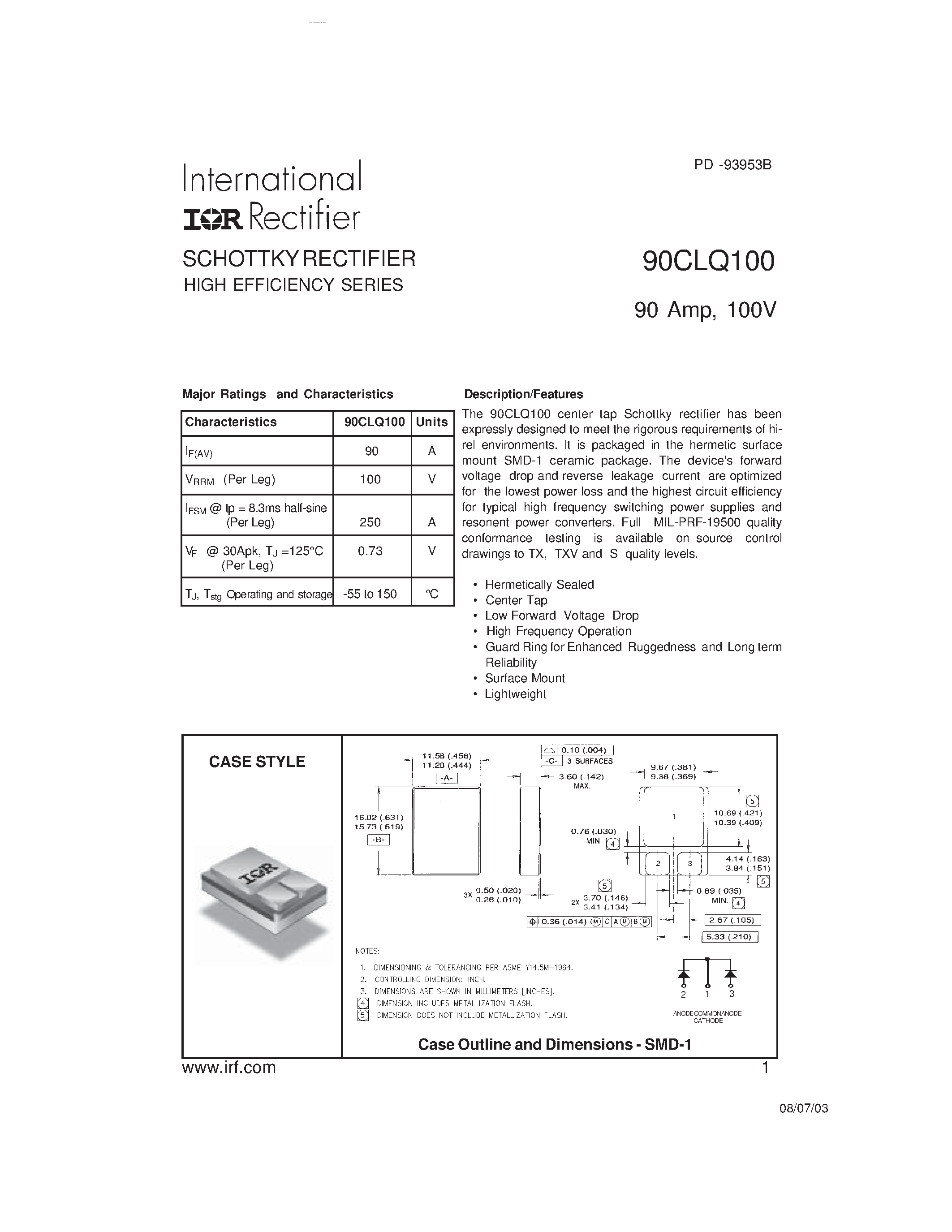 Datasheet 90CLQ100 - SCHOTTKY RECTIFIER page 1