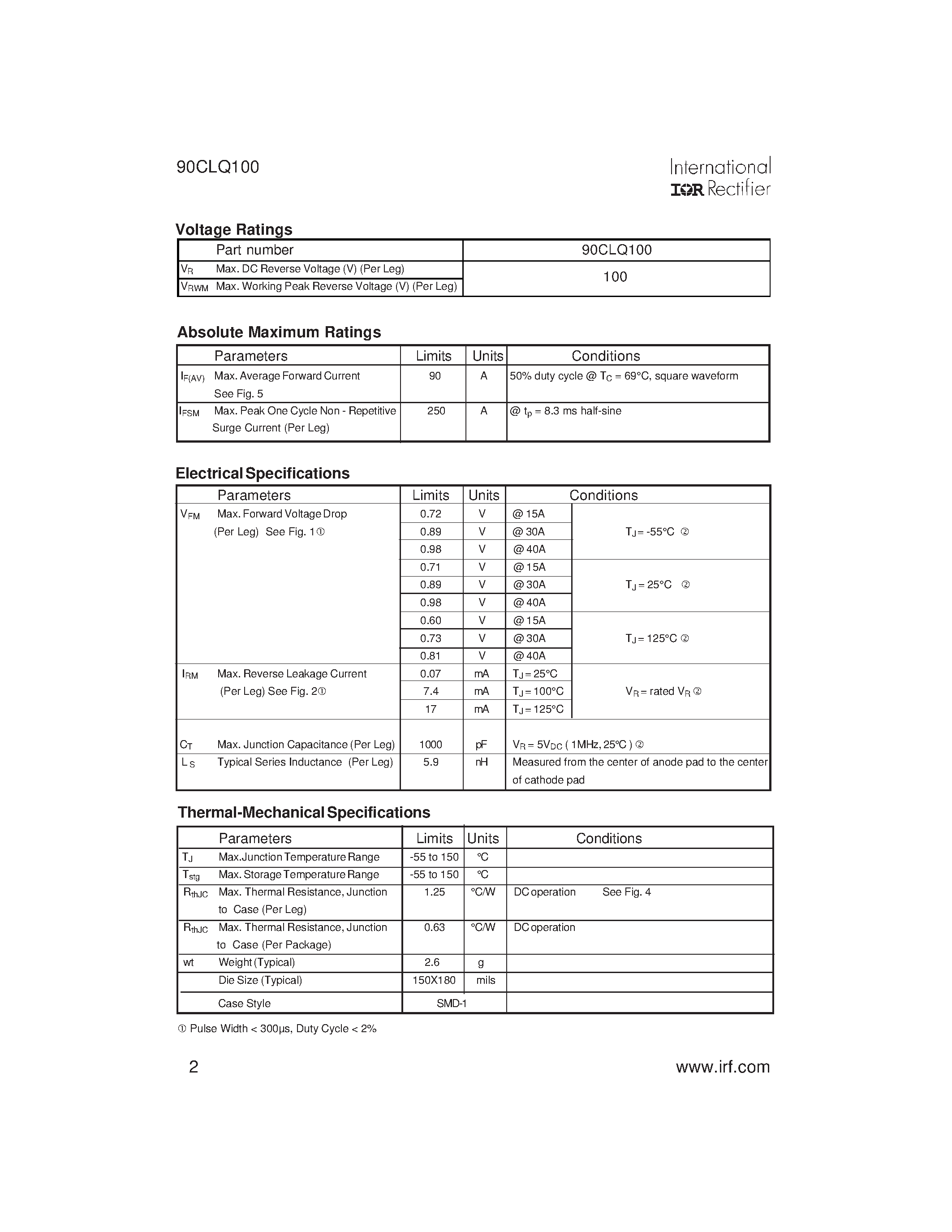 Datasheet 90CLQ100 - SCHOTTKY RECTIFIER page 2