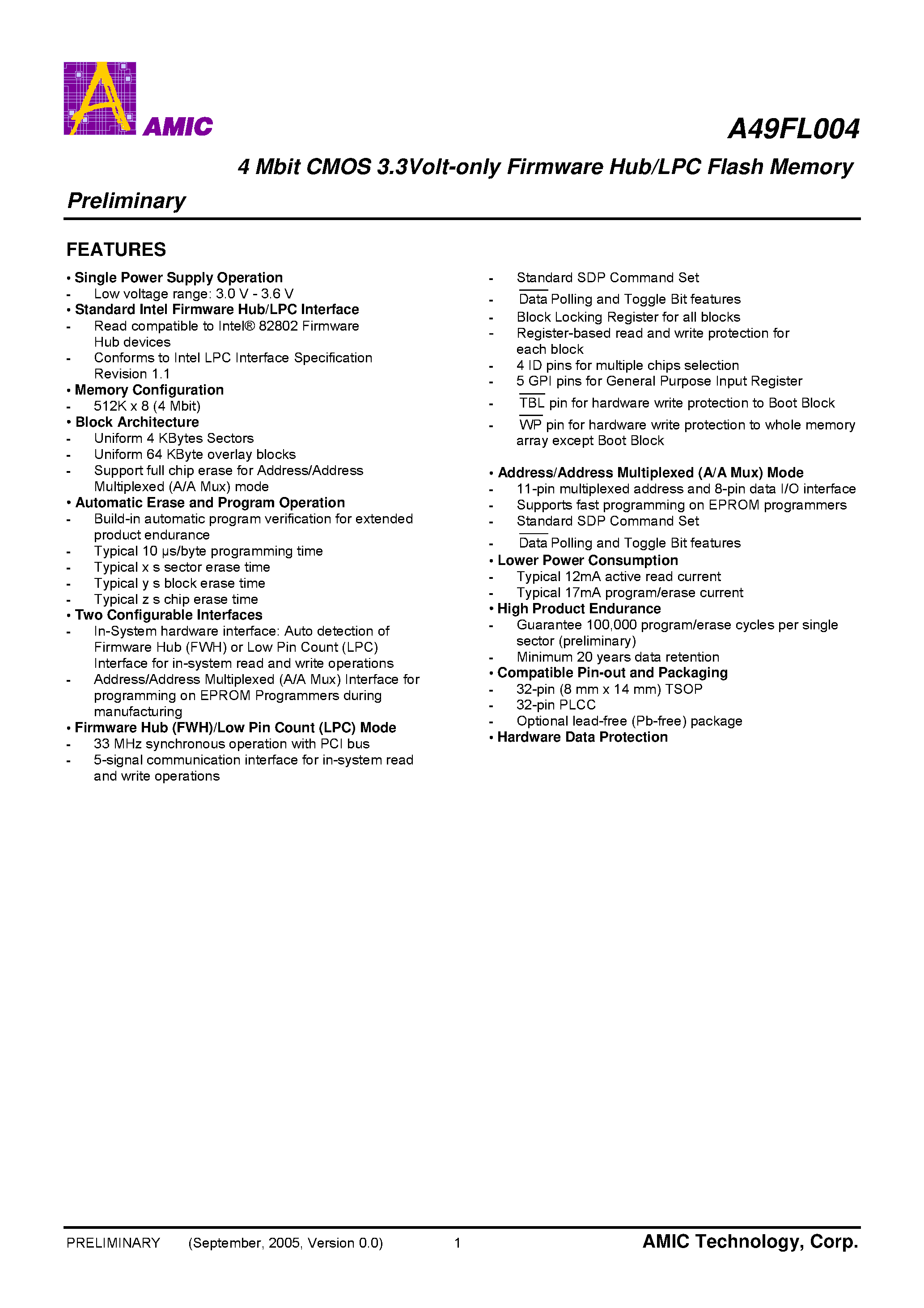Даташит на микросхему A49FL004 страница 2 Даташит A49FL004 - 4 Mbit CMOS 3.3Volt-only Firmware Hub/LPC Flash Memory страница 2