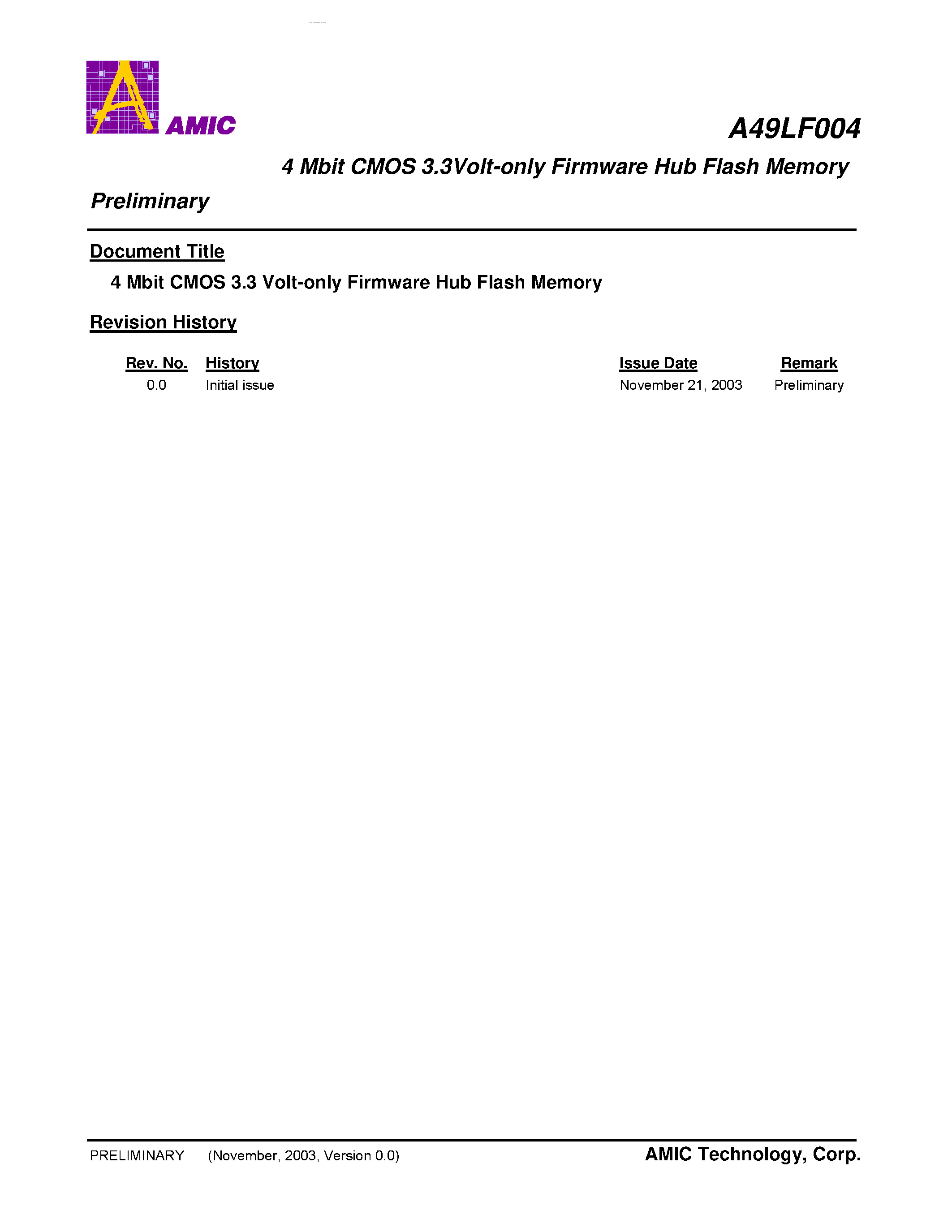 Даташит A49LF004 - 4 Mbit CMOS 3.3Volt-only Firmware Hub Flash Memory страница 1