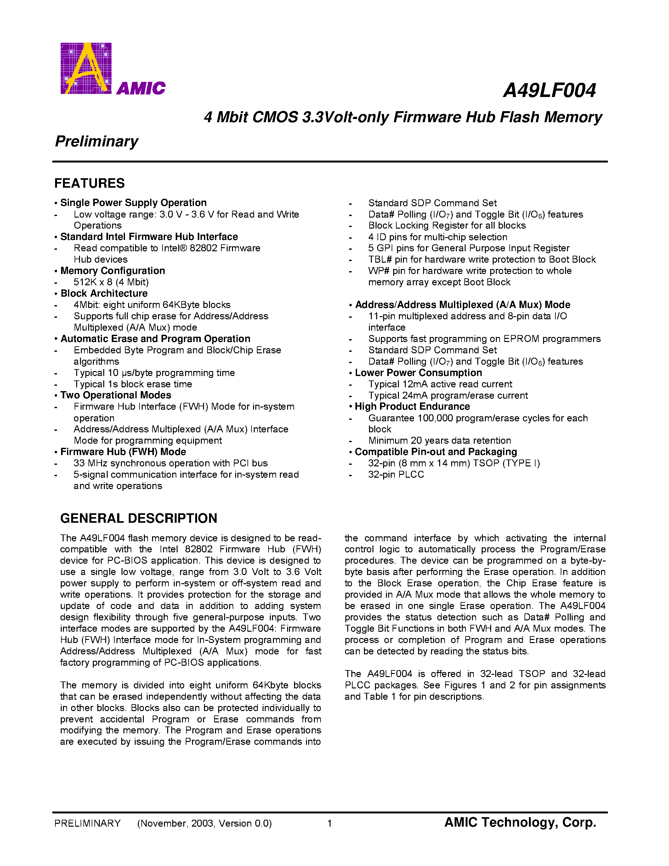 Даташит A49LF004 - 4 Mbit CMOS 3.3Volt-only Firmware Hub Flash Memory страница 2