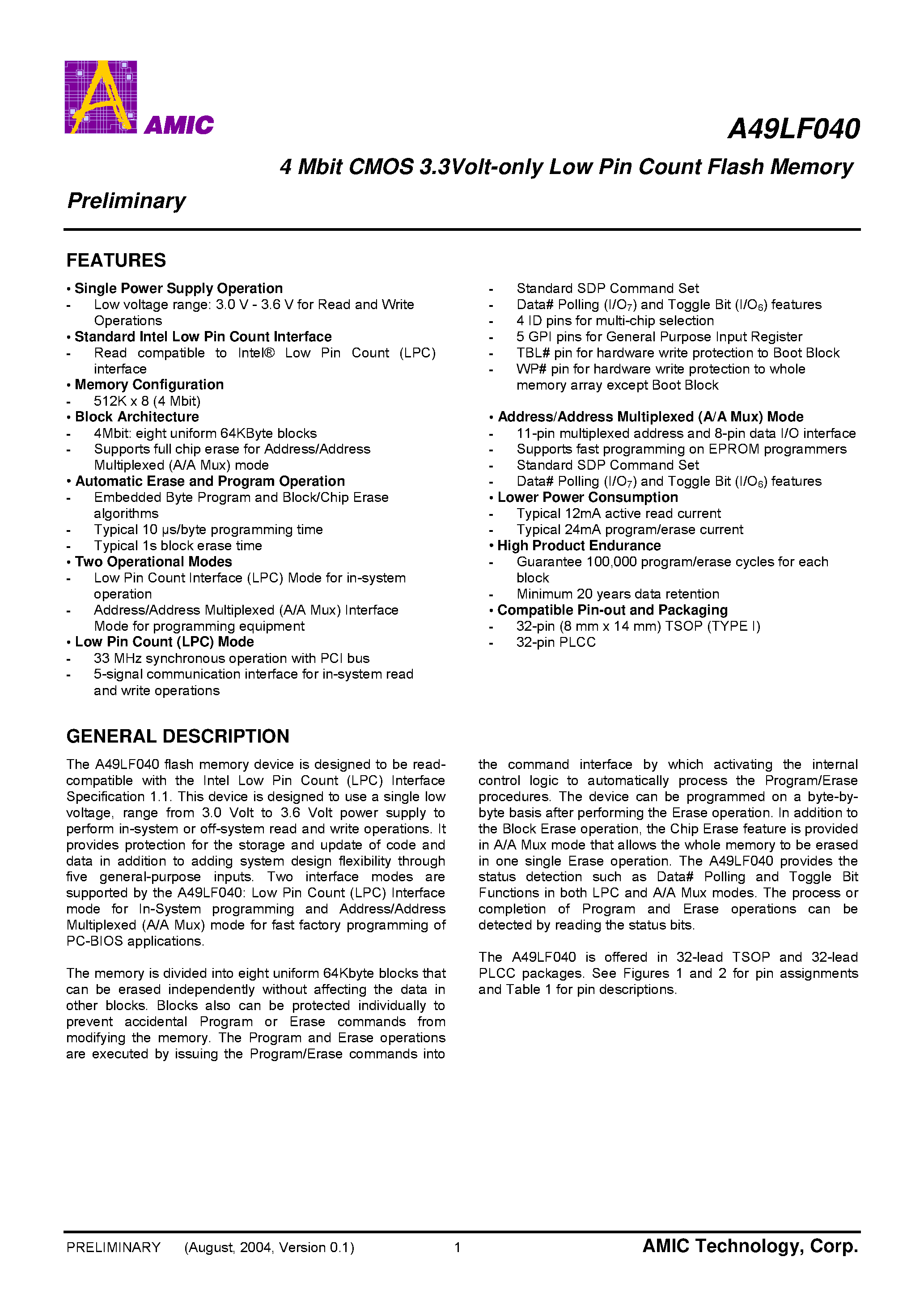 Даташит на микросхему A49LF040 страница 2 Даташит A49LF040 - 4 Mbit CMOS 3.3Volt-only Low Pin Count Flash Memory страница 2