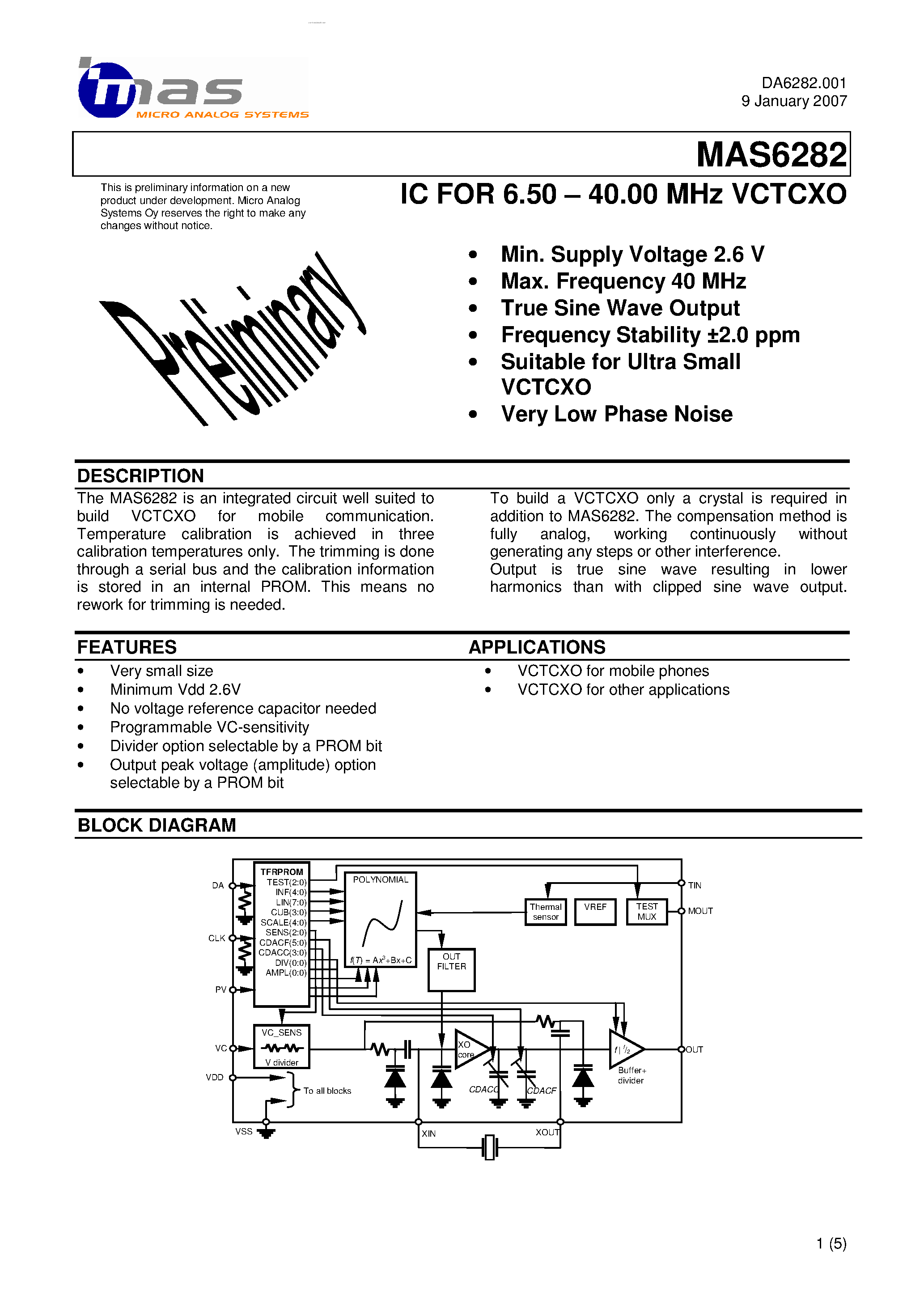 Datasheet MAS6282 - IC FOR 6.50 - 40.00 MHz VCTCXO page 1