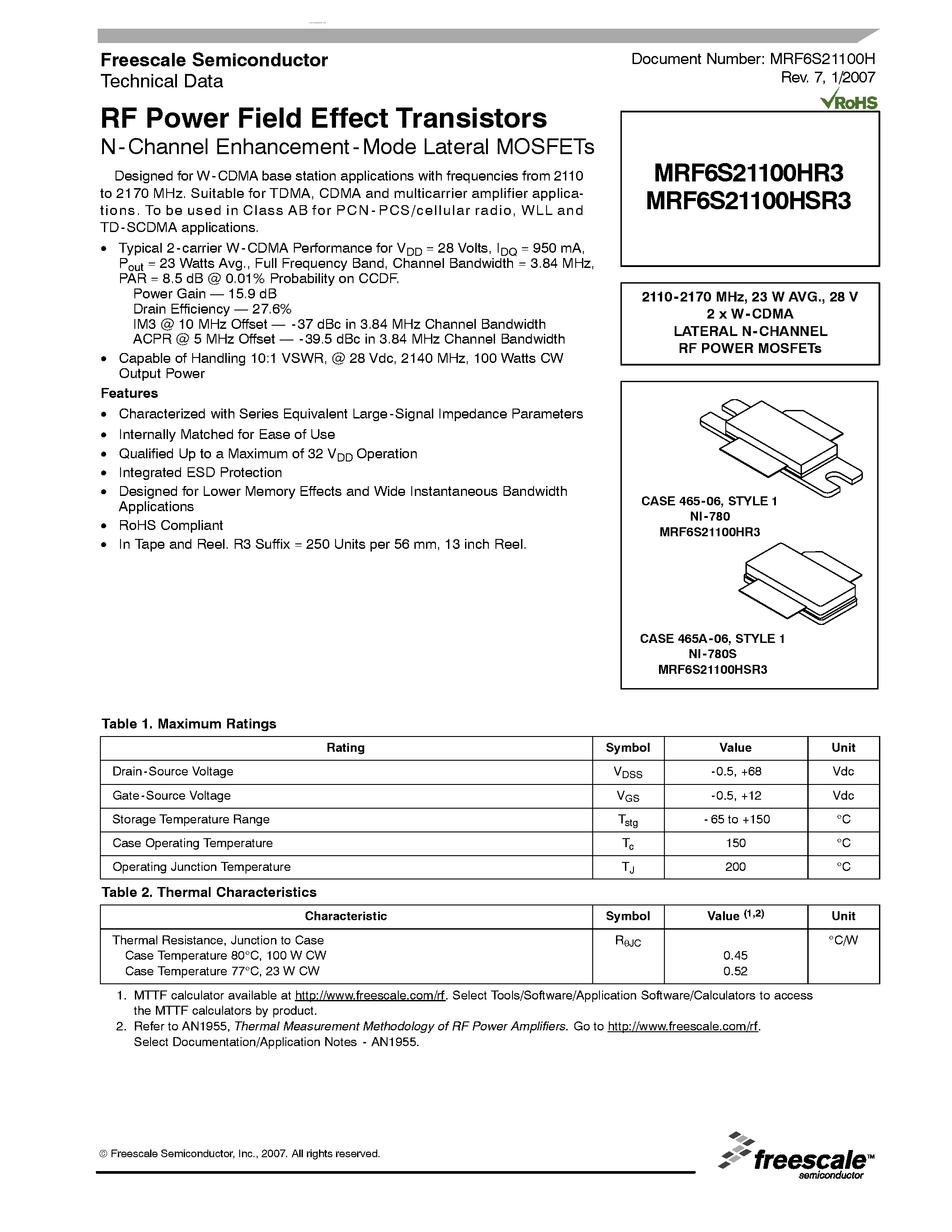 Datasheet MRF6S21100HR3 - RF Power Field Effect Transistors N-Channel Enhancement-Mode Lateral MOSFETs page 1
