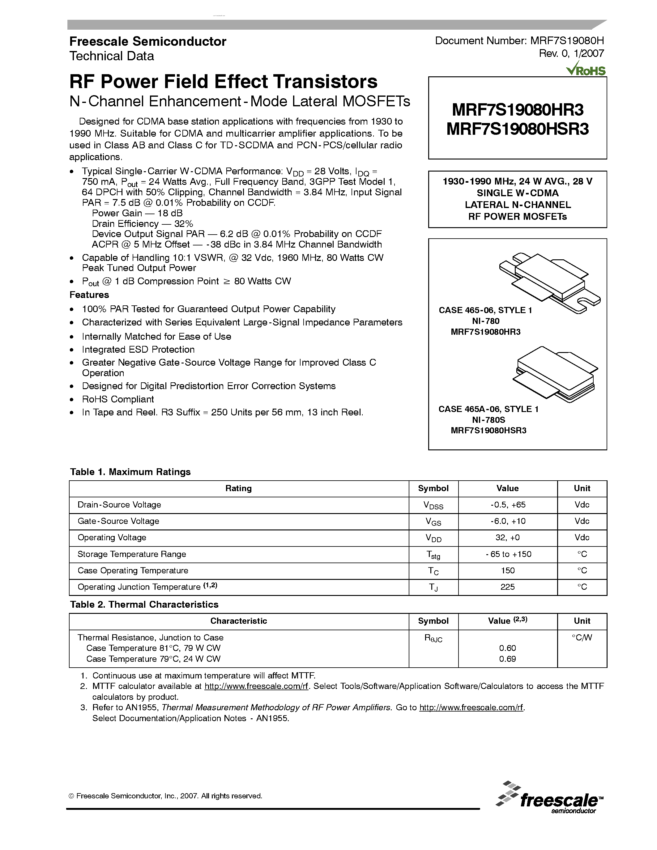 Datasheet MRF7S19080HR3 - RF Power Field Effect Transistors page 1