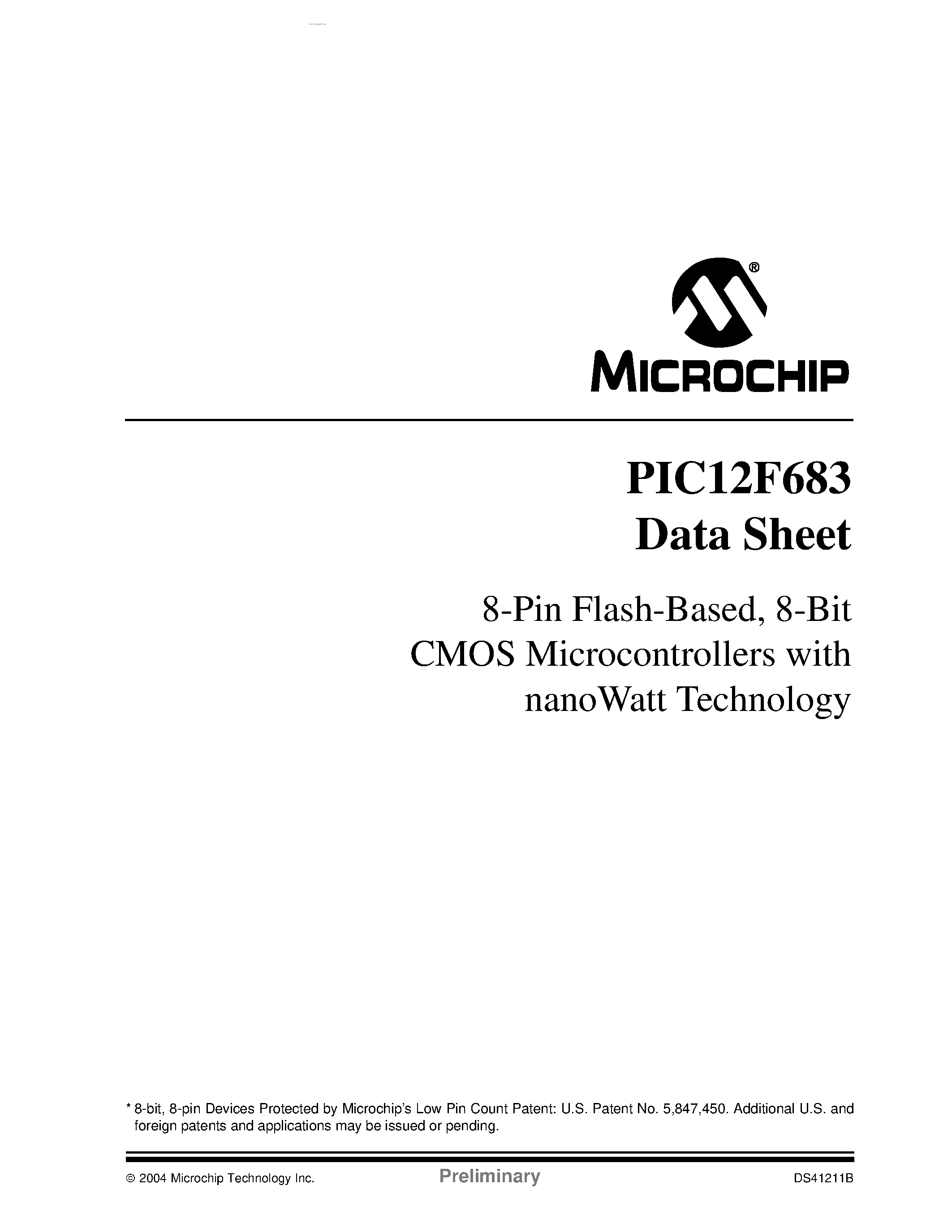 Datasheet PIC12F683 page 1 Datasheet PIC12F683 - 8-Pin Flash-Based 8-Bit CMOS Microcontrollers page 1