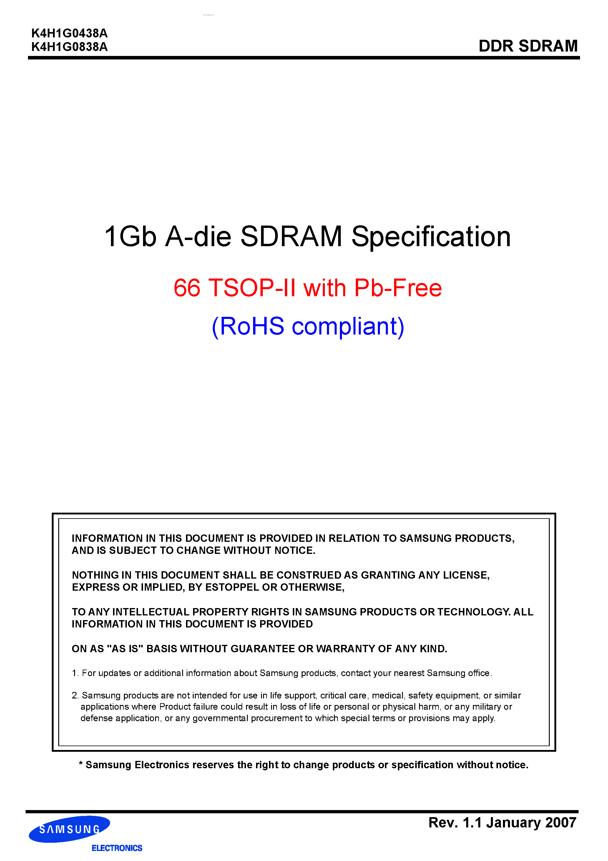 Datasheet K4H1G0438A page 1 Datasheet K4H1G0438A - (K4H1G0438A / K4H1G0838A) 1Gb A-die SDRAM Specification page 1