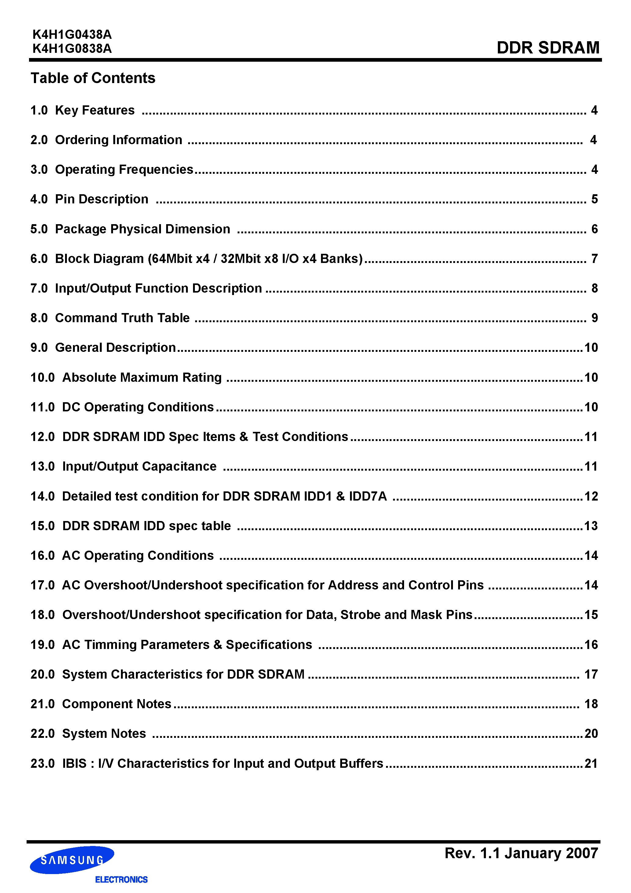 Datasheet K4H1G0438A page 2 Datasheet K4H1G0438A - (K4H1G0438A / K4H1G0838A) 1Gb A-die SDRAM Specification page 2