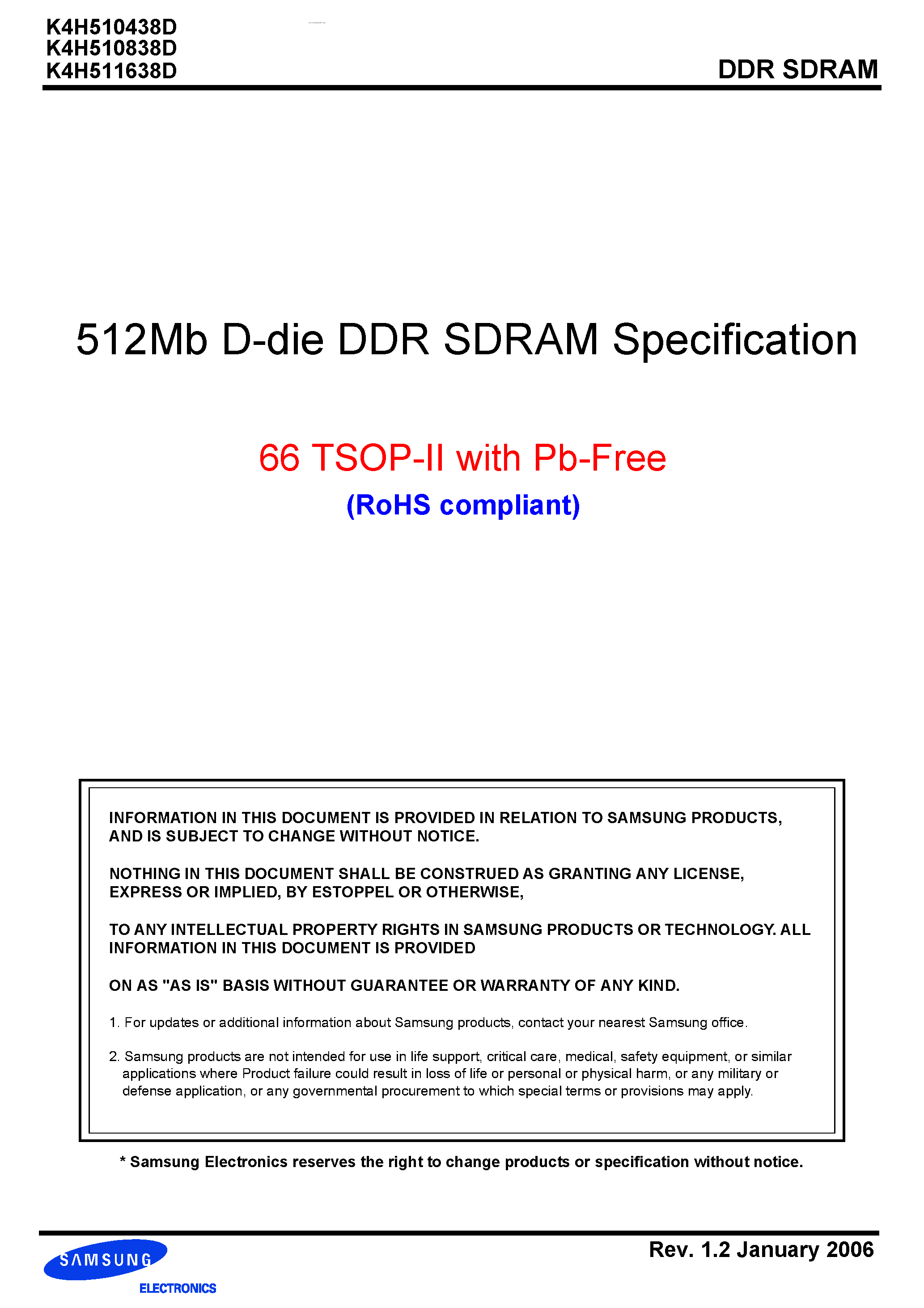 Даташит K4H510438D - (K4H51xx38D) 512Mb D-die DDR SDRAM Specification страница 1