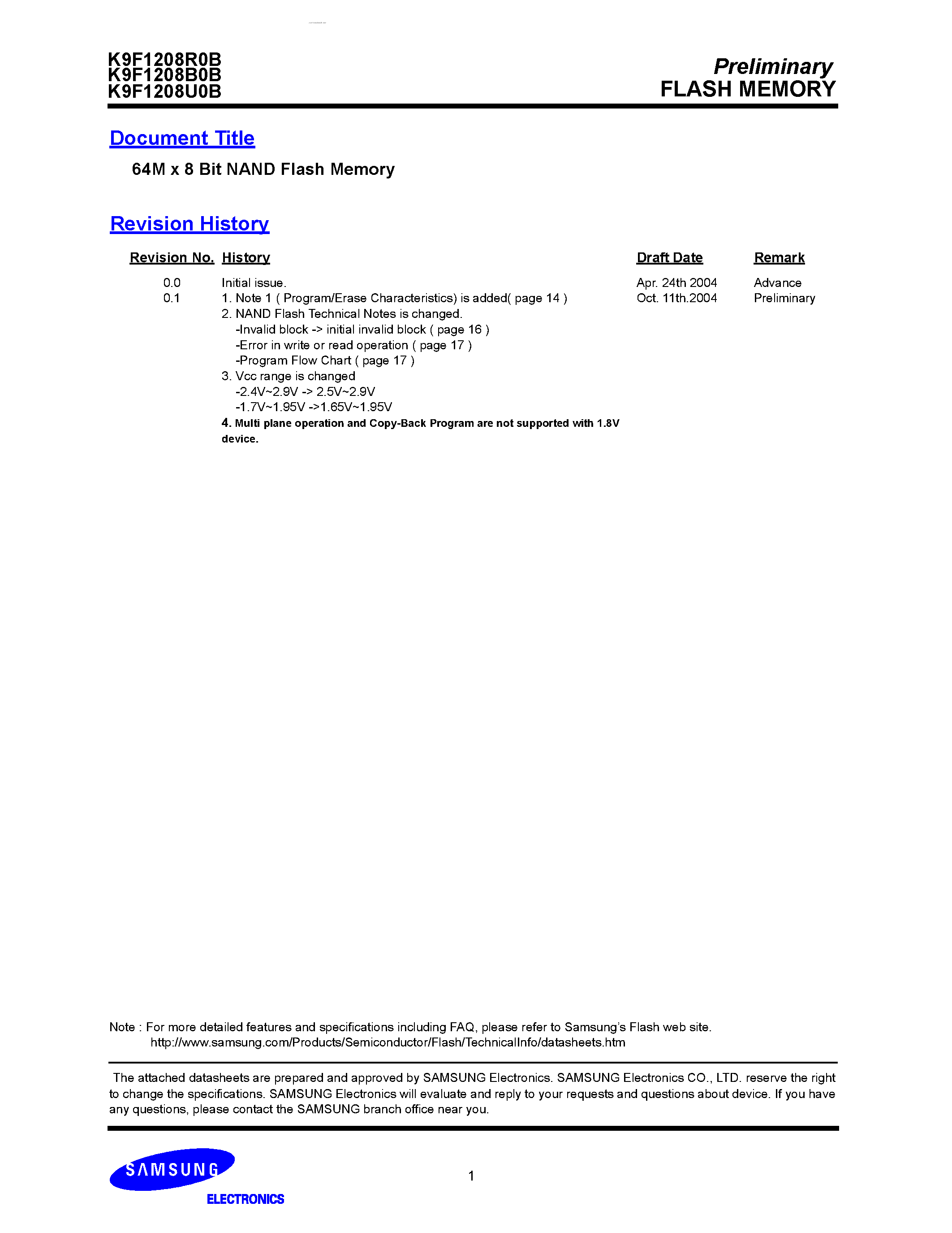 Даташит K9F1208B0B - 64M x 8 Bit NAND Flash Memory страница 1