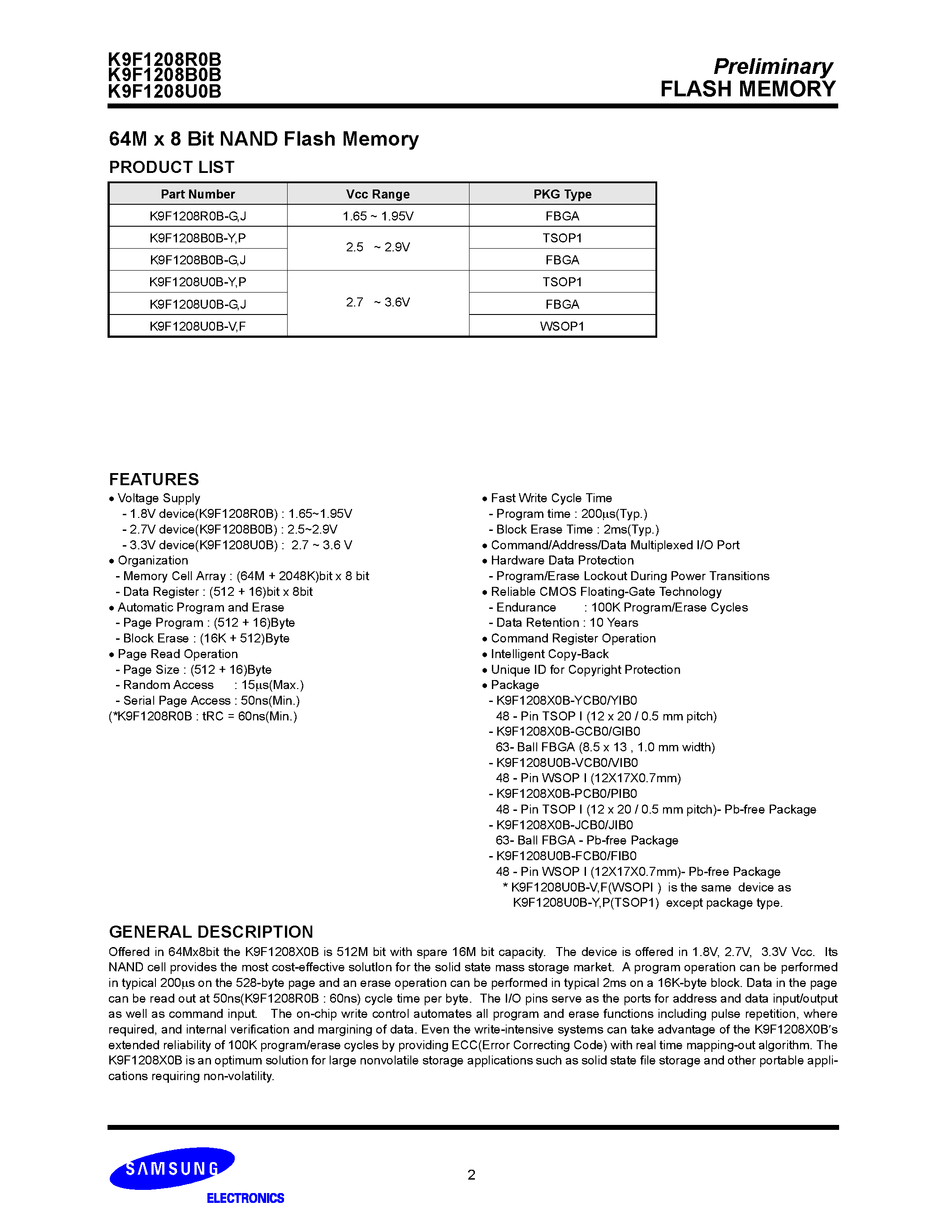 Даташит K9F1208B0B - 64M x 8 Bit NAND Flash Memory страница 2