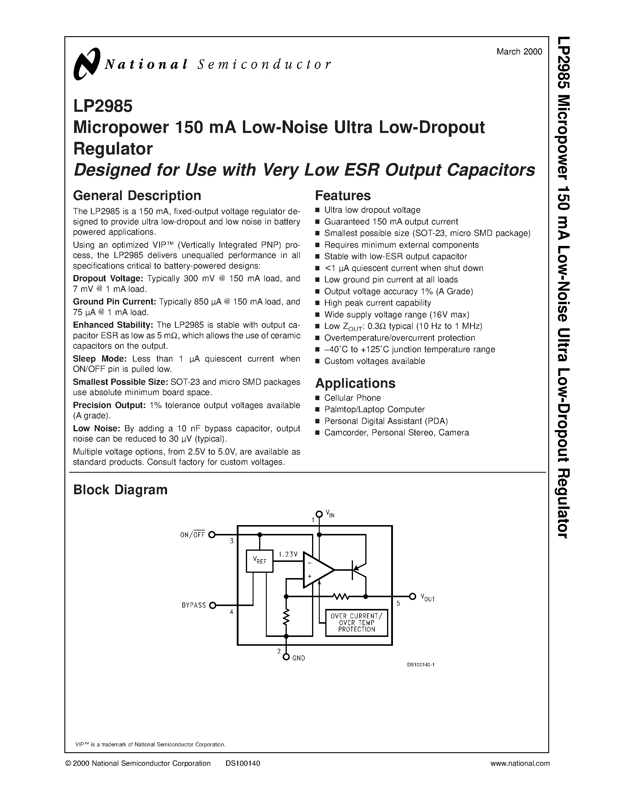Datasheet LP2985 - Micropower 150 mA Low-Noise Ultra Low-Dropout Regulator Designed for Use with Very Low ESR Output Capacitors page 1