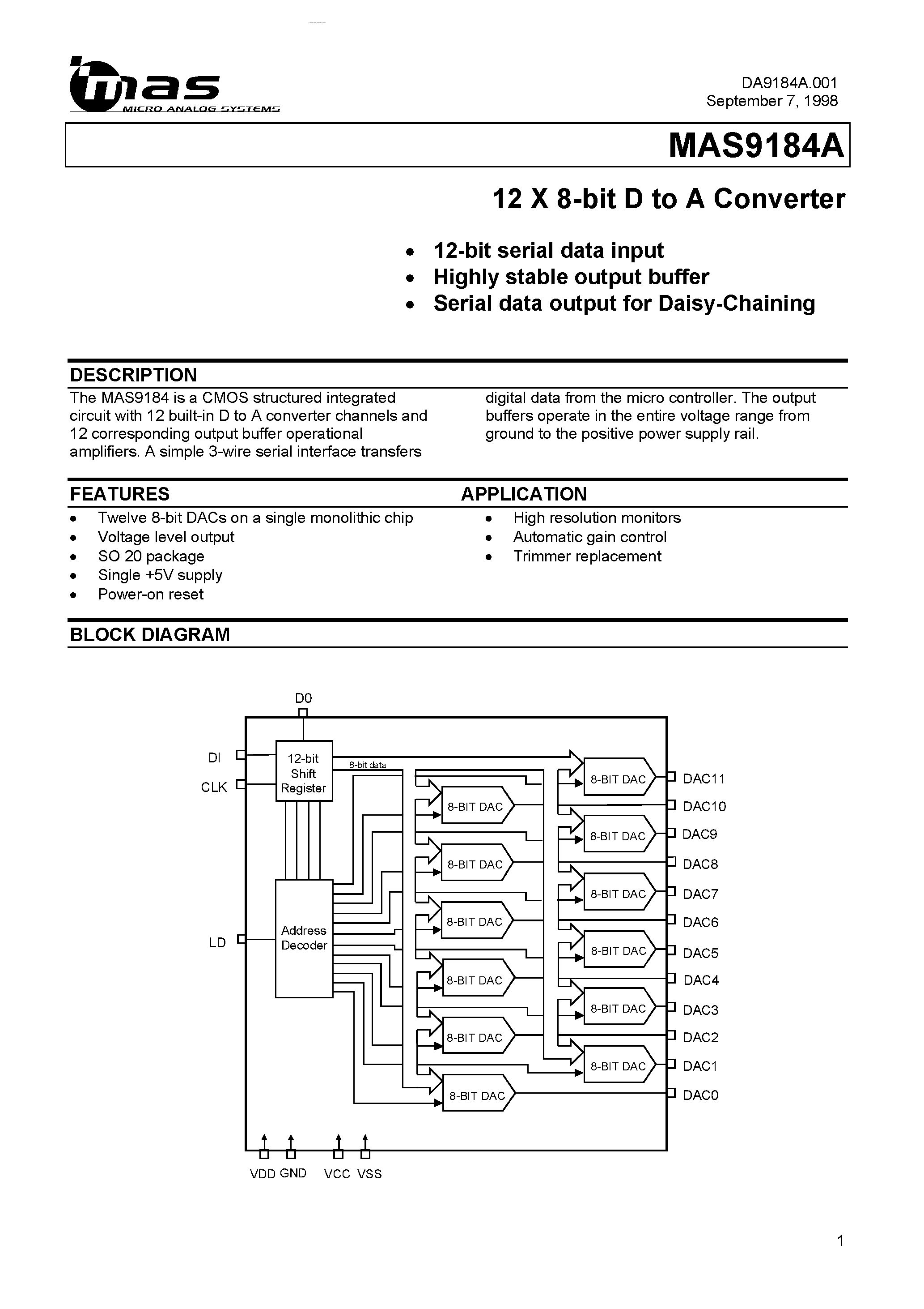 Даташит MAS9184A - 12 X 8-bit D to A Converter страница 1