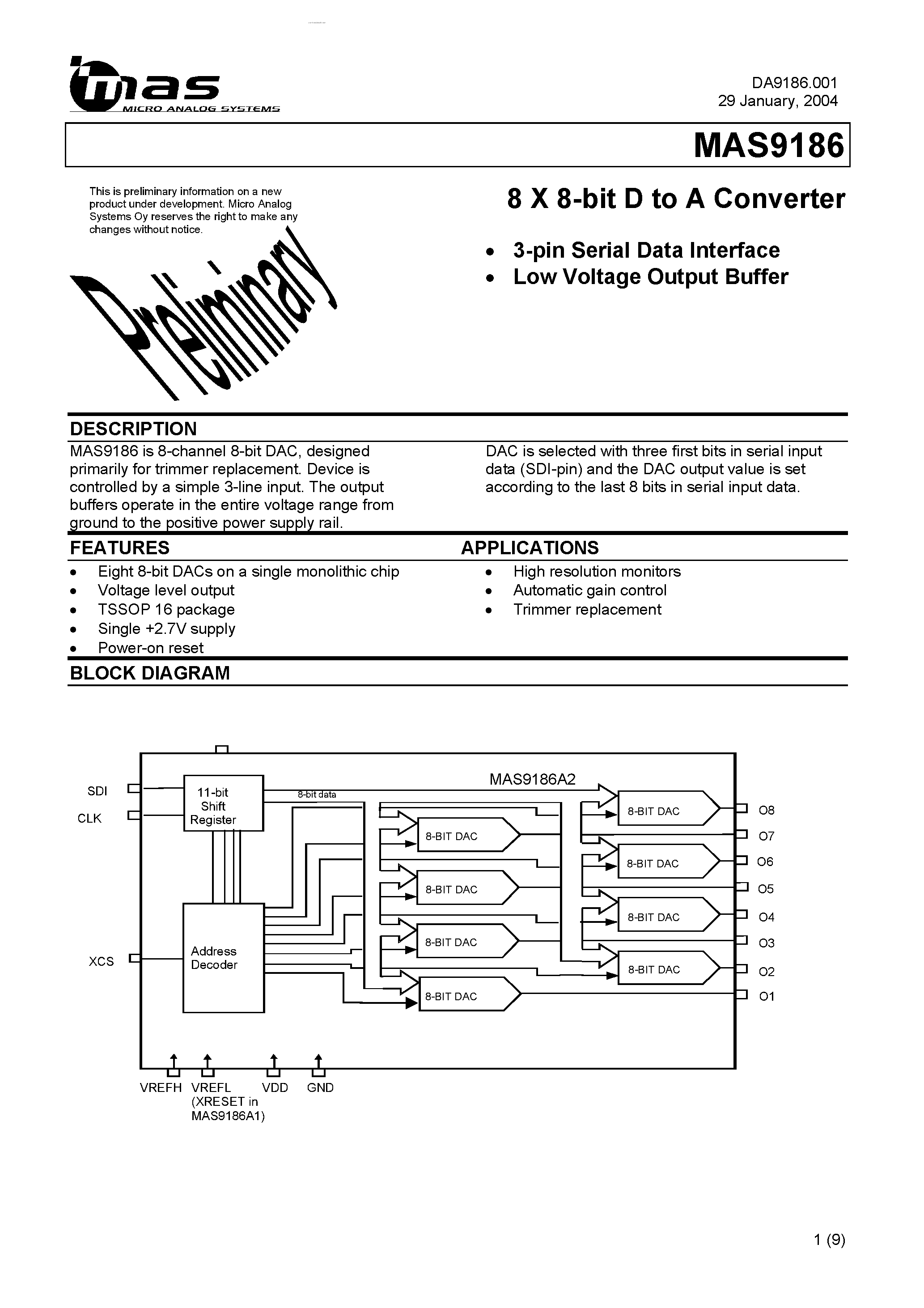 Даташит MAS9186 - 8 X 8-bit D to A Converter 3-pin Serial Data Interface Low Voltage Output Buffer страница 1