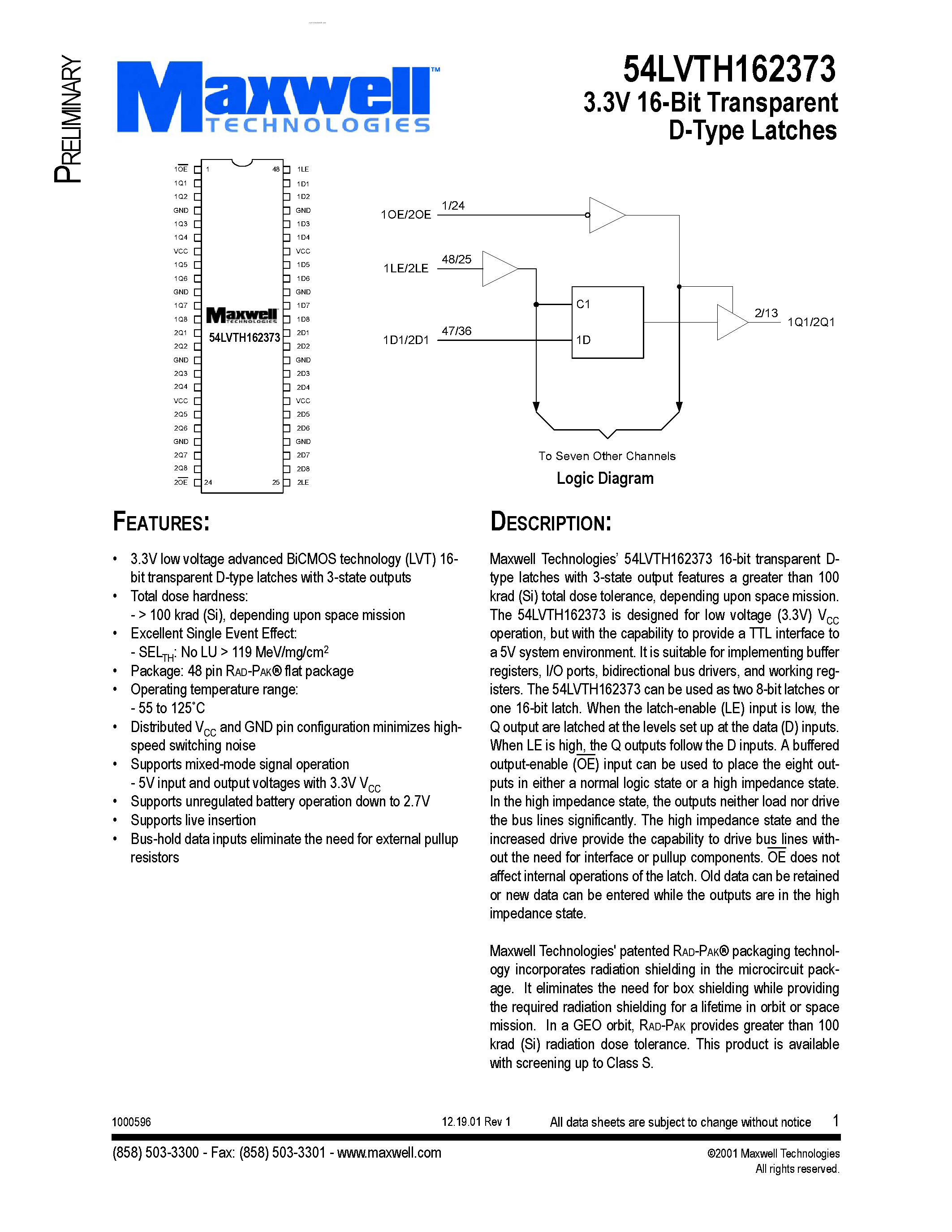 Datasheet 54LVTH162373 page 1 Datasheet 54LVTH162373 - 3.3V 16-Bit Transparent D-Type Latches page 1