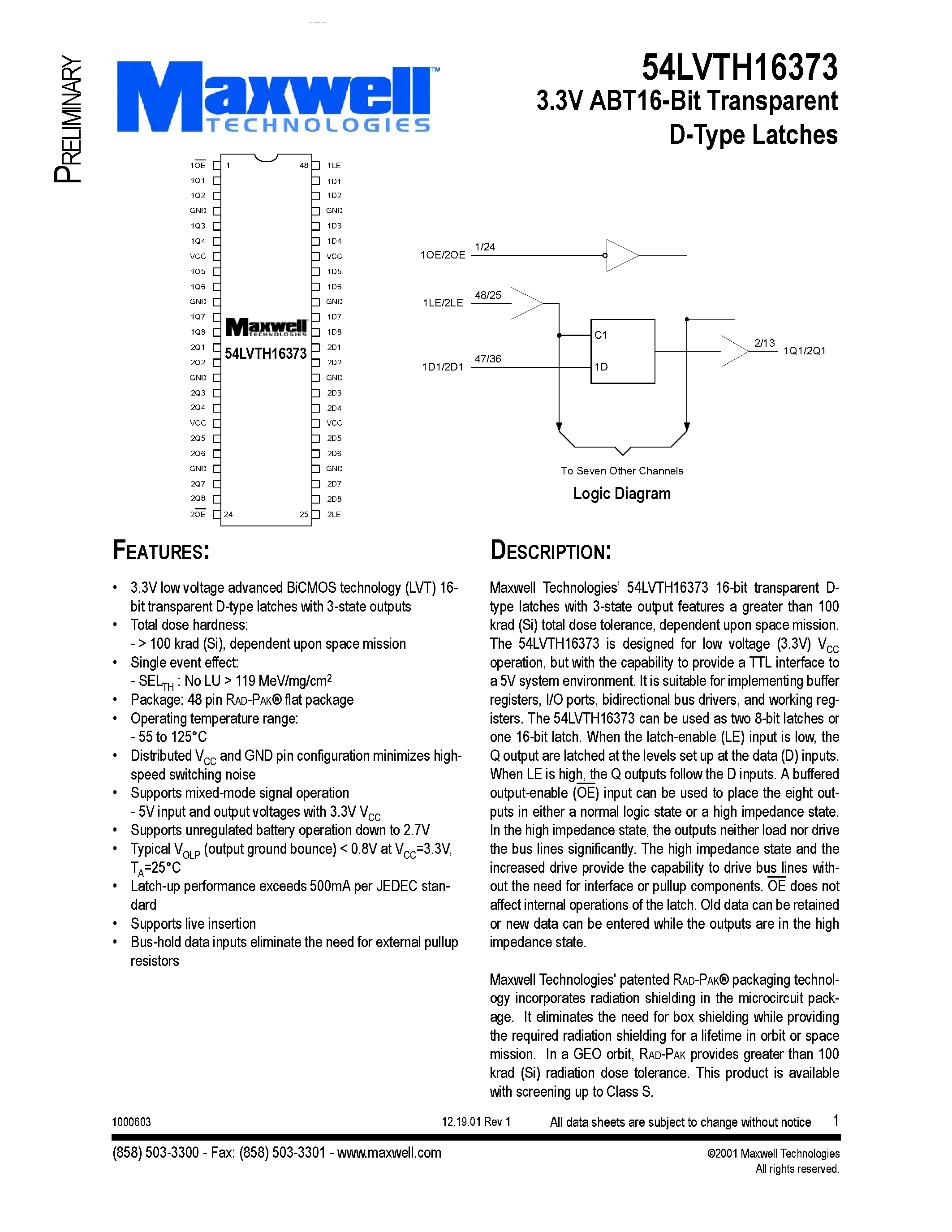 Datasheet 54LVTH16373 - 3.3V ABT16-Bit Transparent D-Type Latches page 1