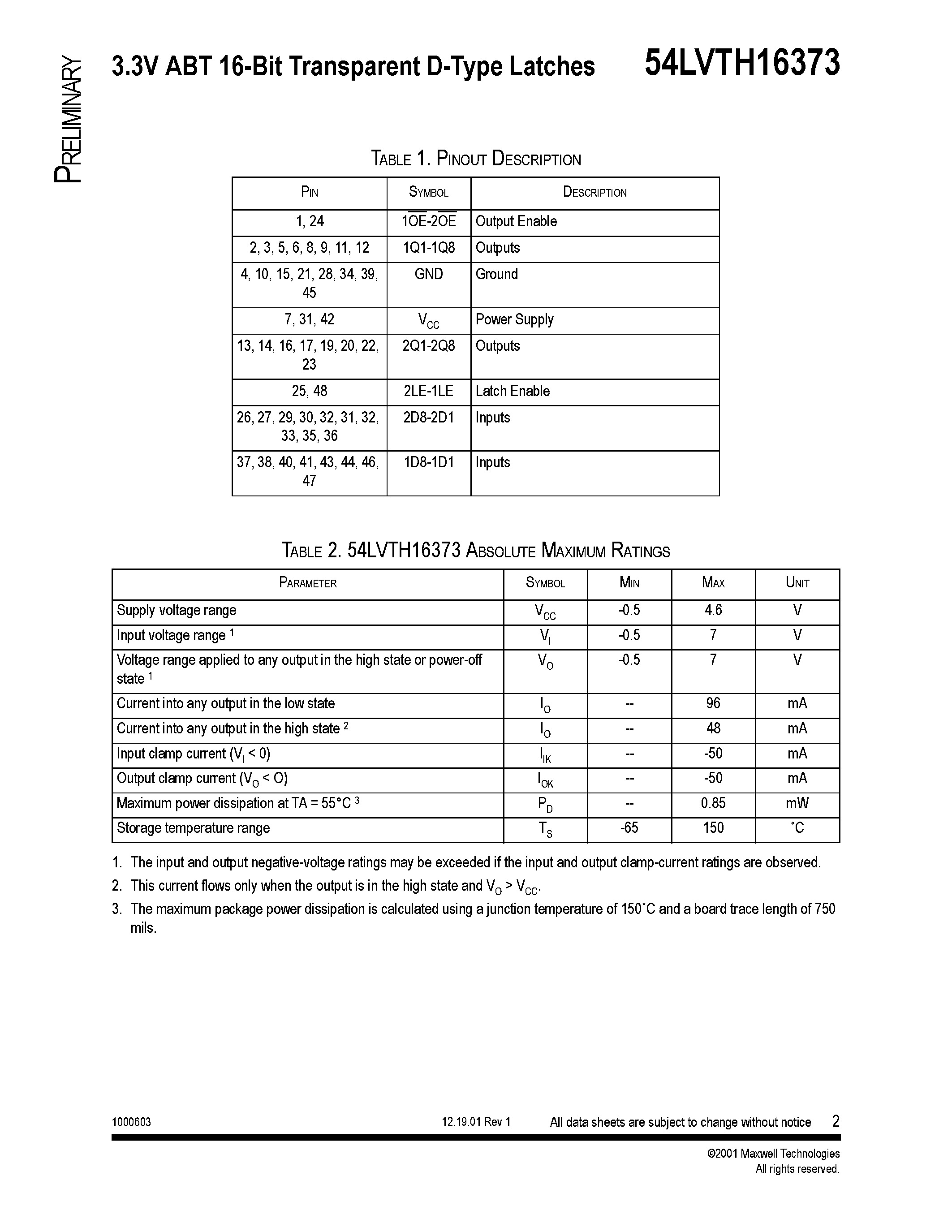 Datasheet 54LVTH16373 - 3.3V ABT16-Bit Transparent D-Type Latches page 2
