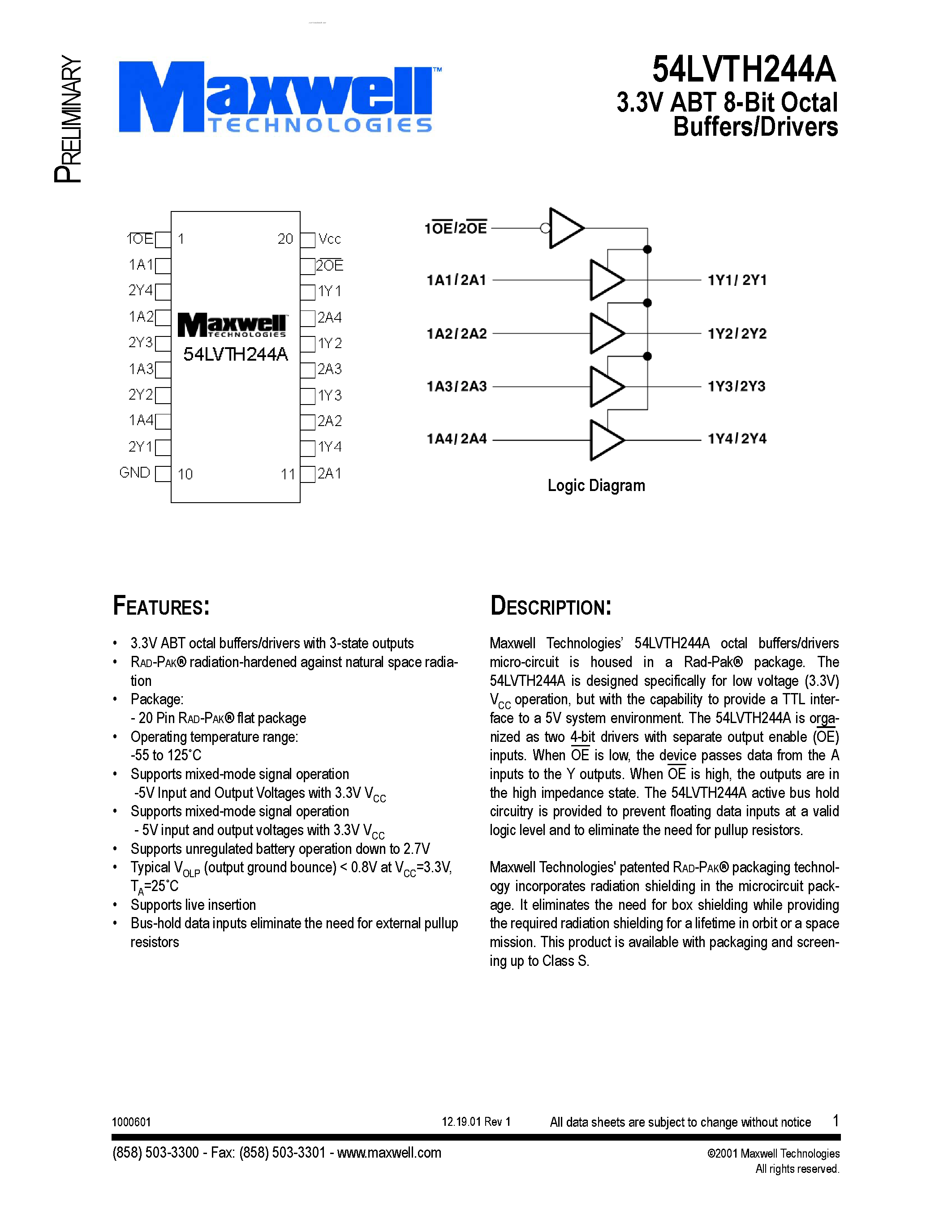 Datasheet 54LVTH244A page 1 Datasheet 54LVTH244A - 3.3V ABT 8-Bit Octal Buffers/Drivers page 1
