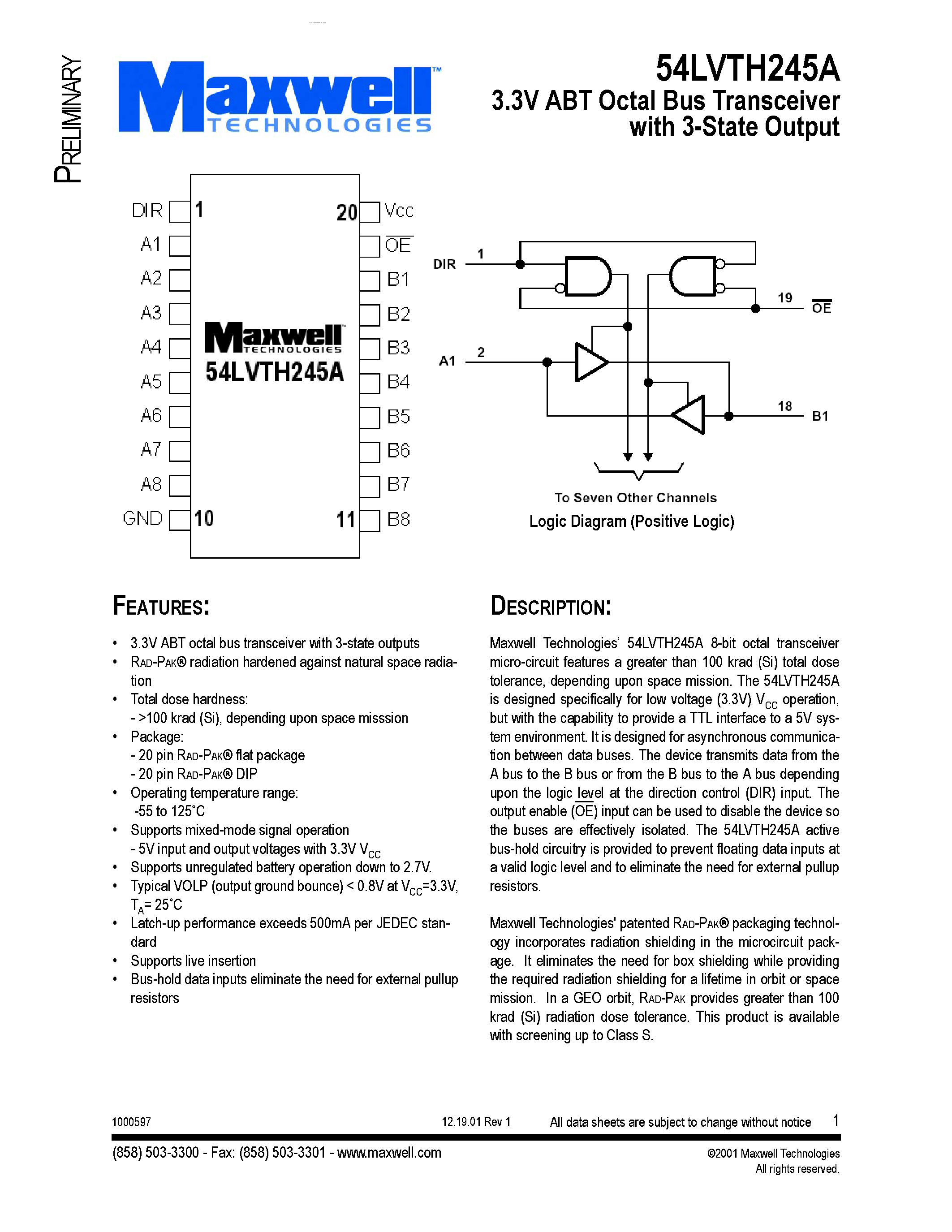 Datasheet 54LVTH245A page 1 Datasheet 54LVTH245A - 3.3V ABT Octal Bus Transceiver page 1