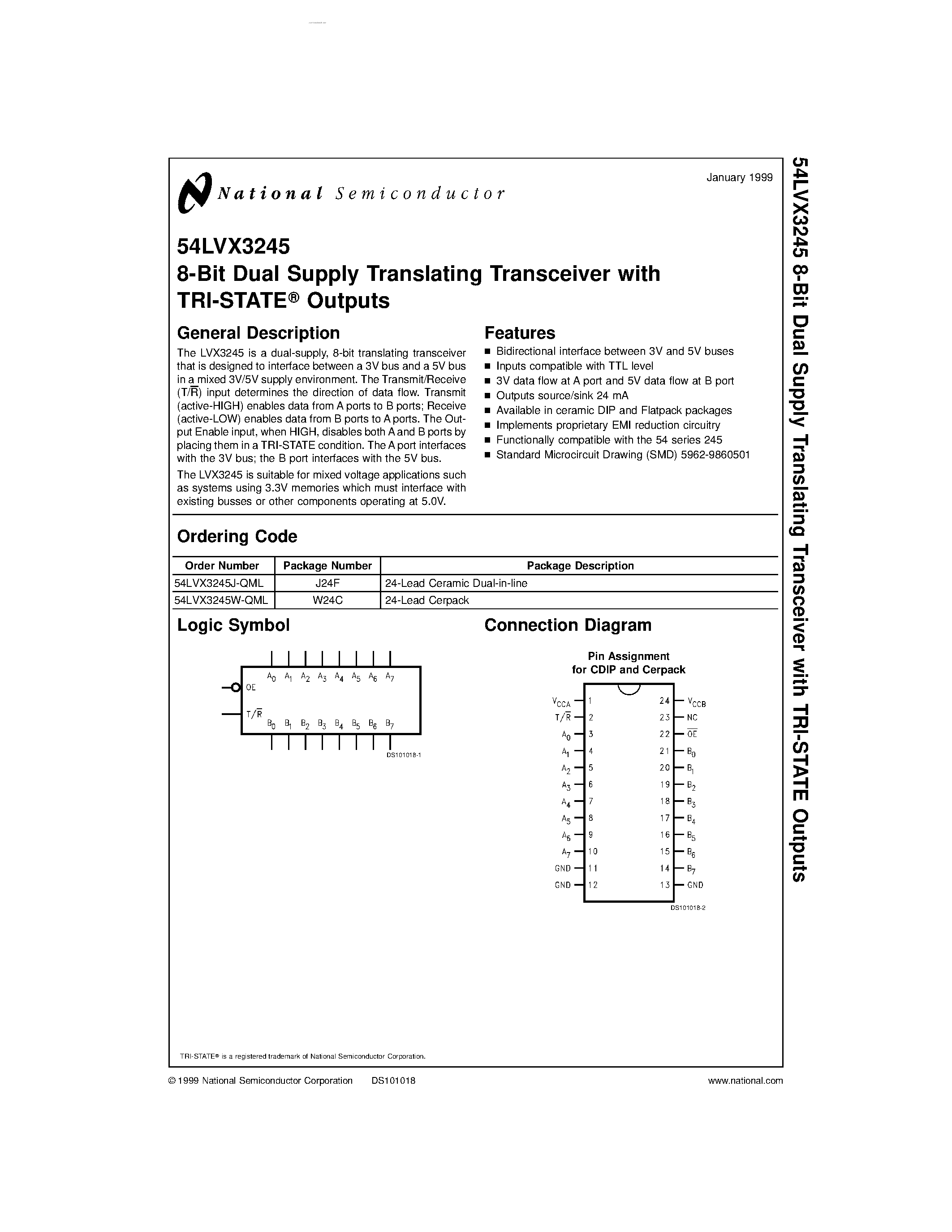 Даташит 54LVX3245 - 8-Bit Dual Supply Translating Transceiver страница 1