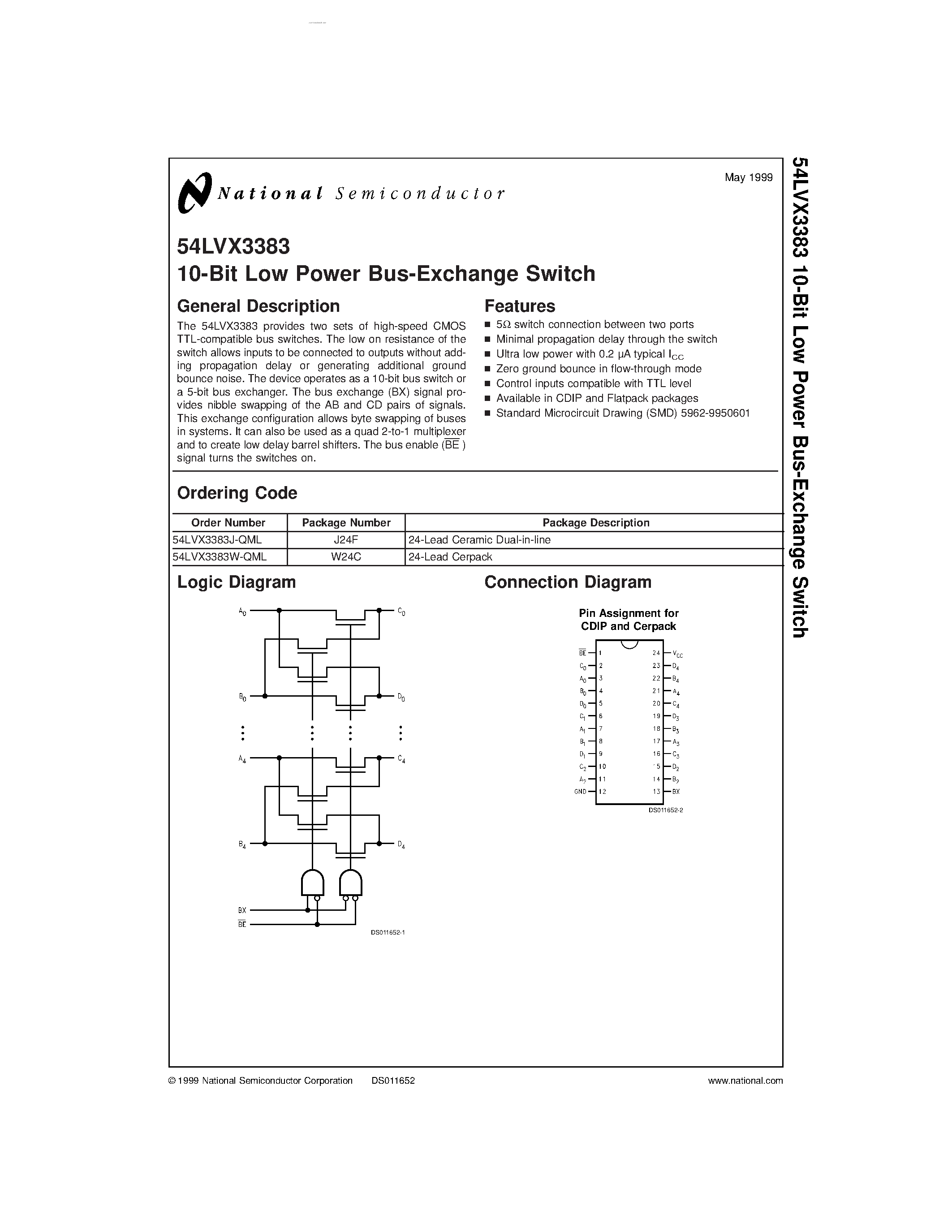 Даташит 54LVX3383 - 10-Bit Low Power Bus-Exchange Switch страница 1